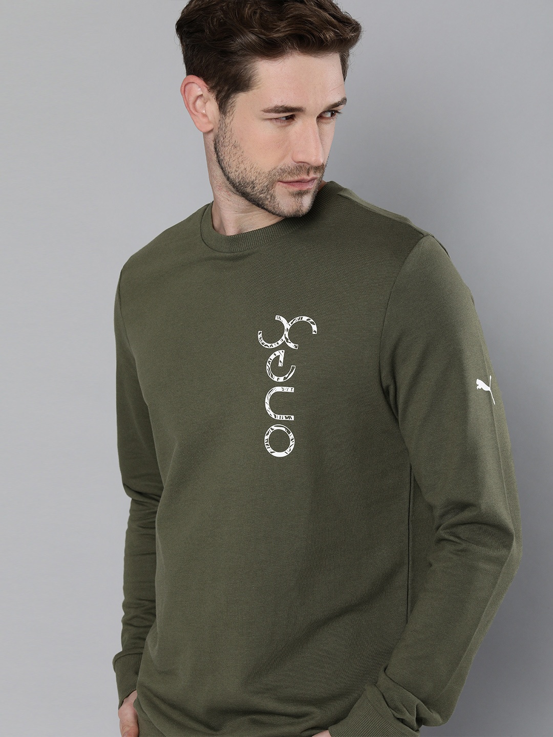 

one8 x PUMA Men Olive Green Logo Printed Crew Pullover Sweatshirt