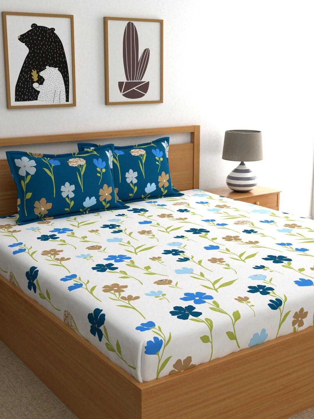 

Dreamscape Unisex Blue 180TC Floral Printed 100% Cotton King Bedsheet with 2 Pillow Covers, White