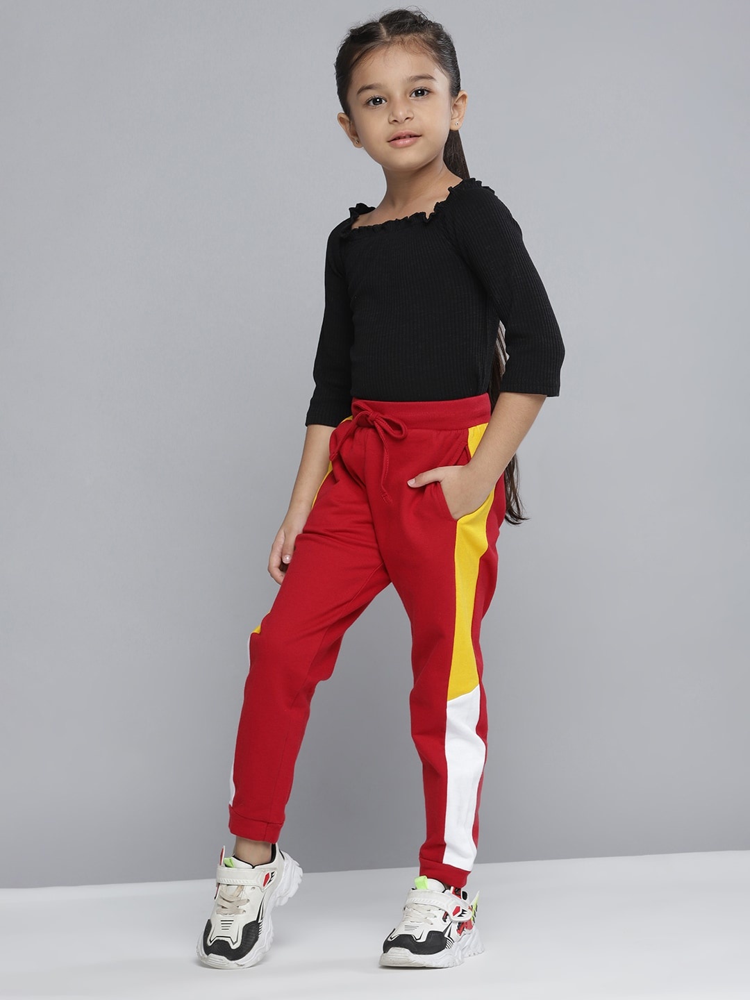 

YK Girls Red & Yellow Solid Cotton Joggers with Side Taping Detail
