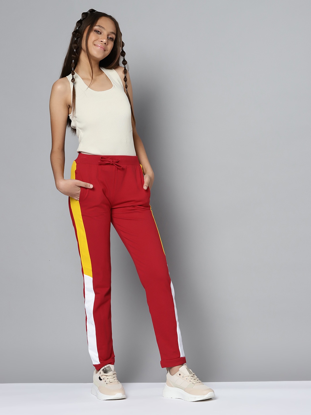 

YK Girls Red & Yellow Solid Cotton Joggers with Side Taping Detail
