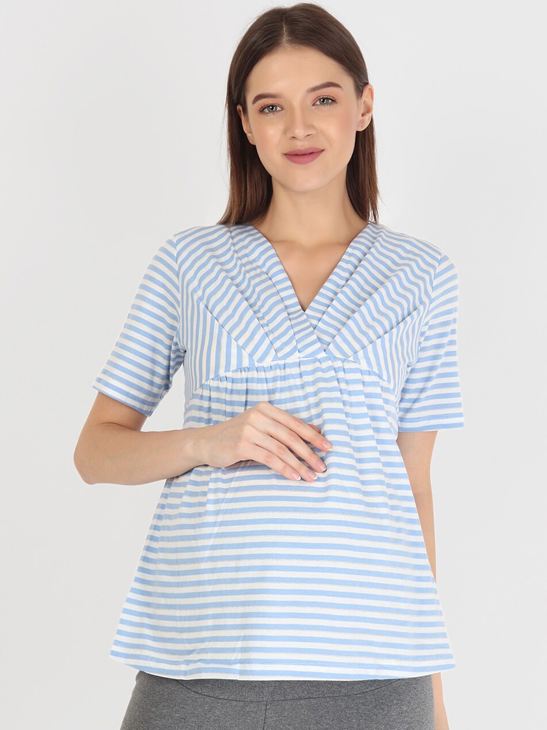 

Momsoon Maternity White & Blue Striped A-Line Top