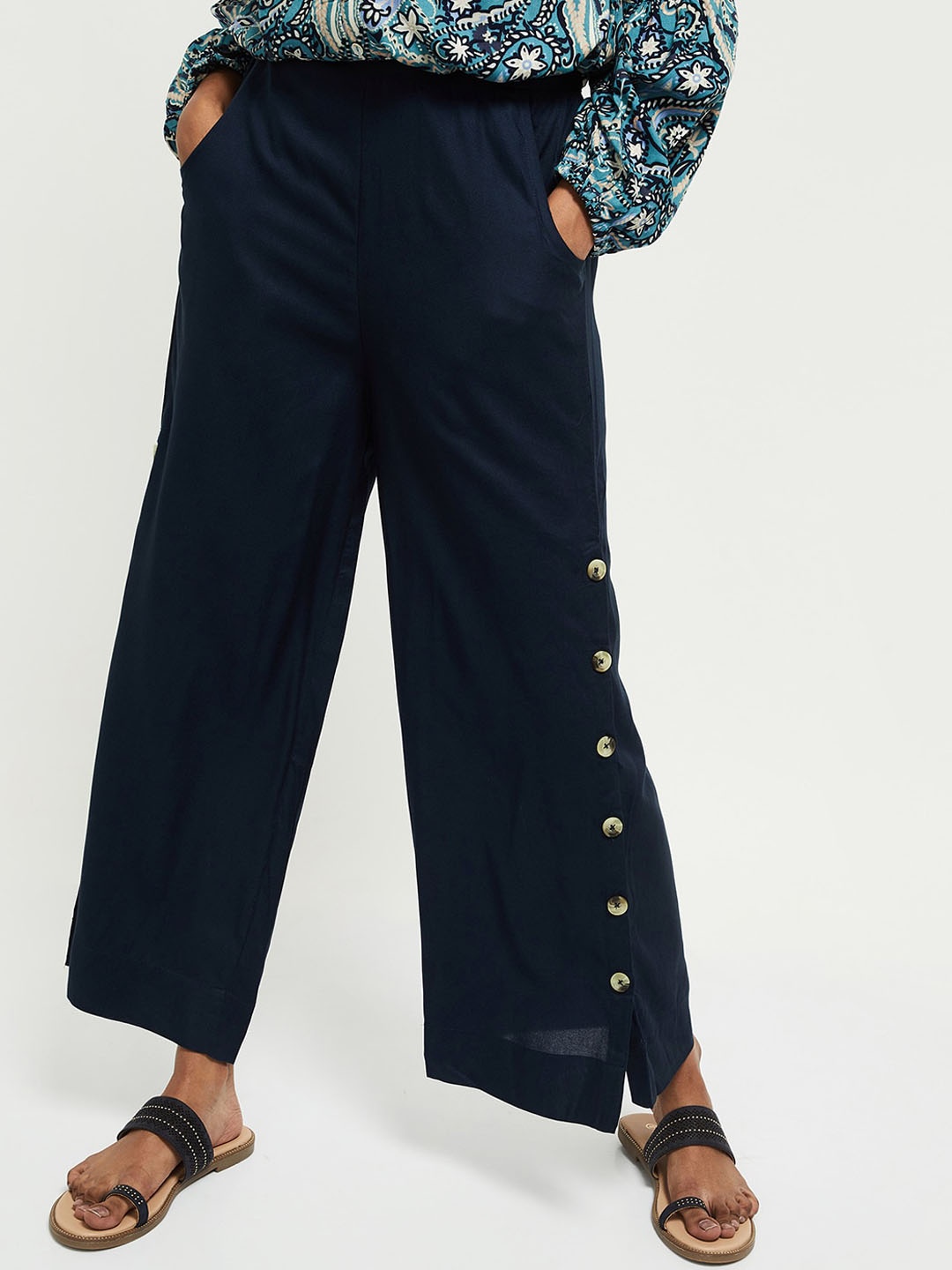 

max Women Navy Blue Parallel Trousers