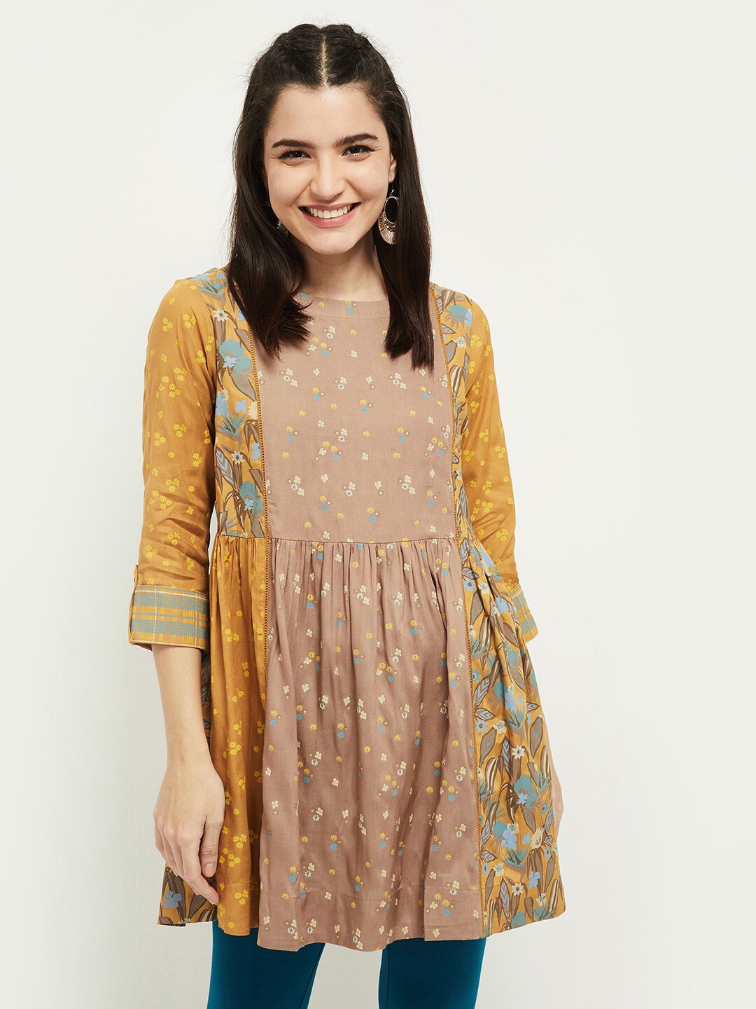 

max Women Mustard & Brown Viscose Rayon Printed Tunic