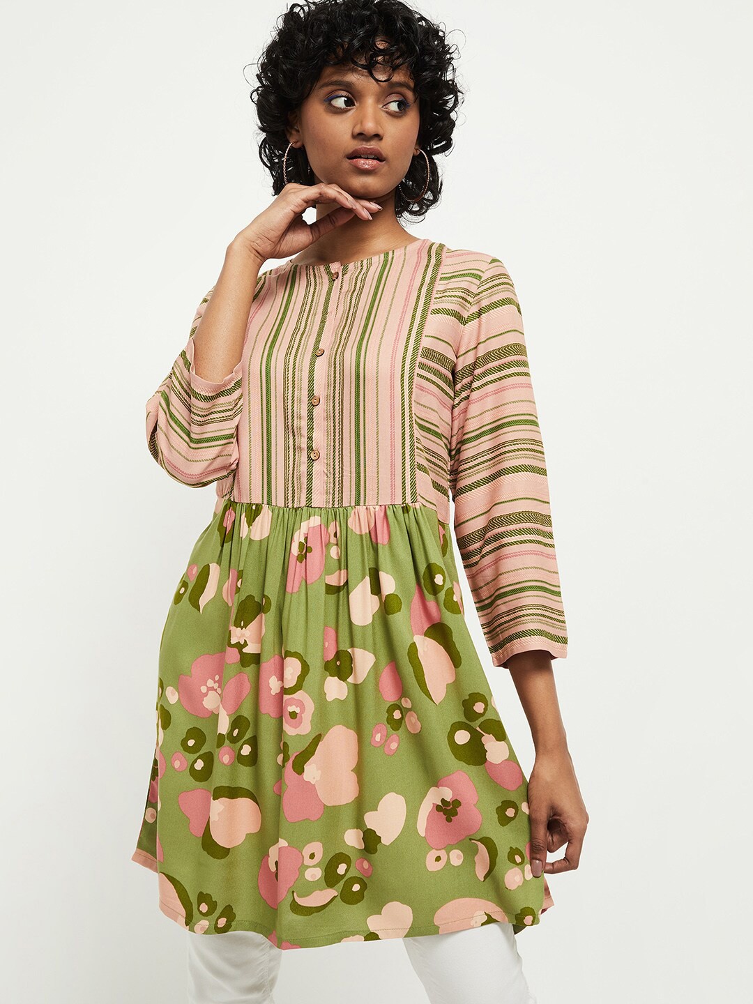 

max Women Pink & Green Striped Viscose Rayon Tunic