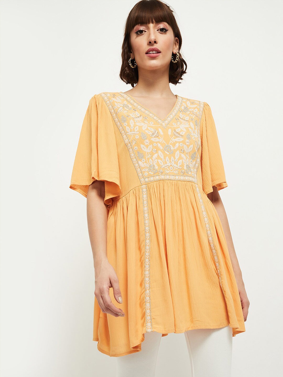 

max Yellow & White Viscose Rayon Floral Embroidered Tunic