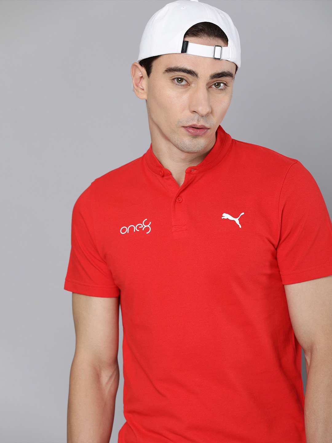 

one8 x PUMA Men Red Brand Logo Printed Henley Neck Casual T-shirt