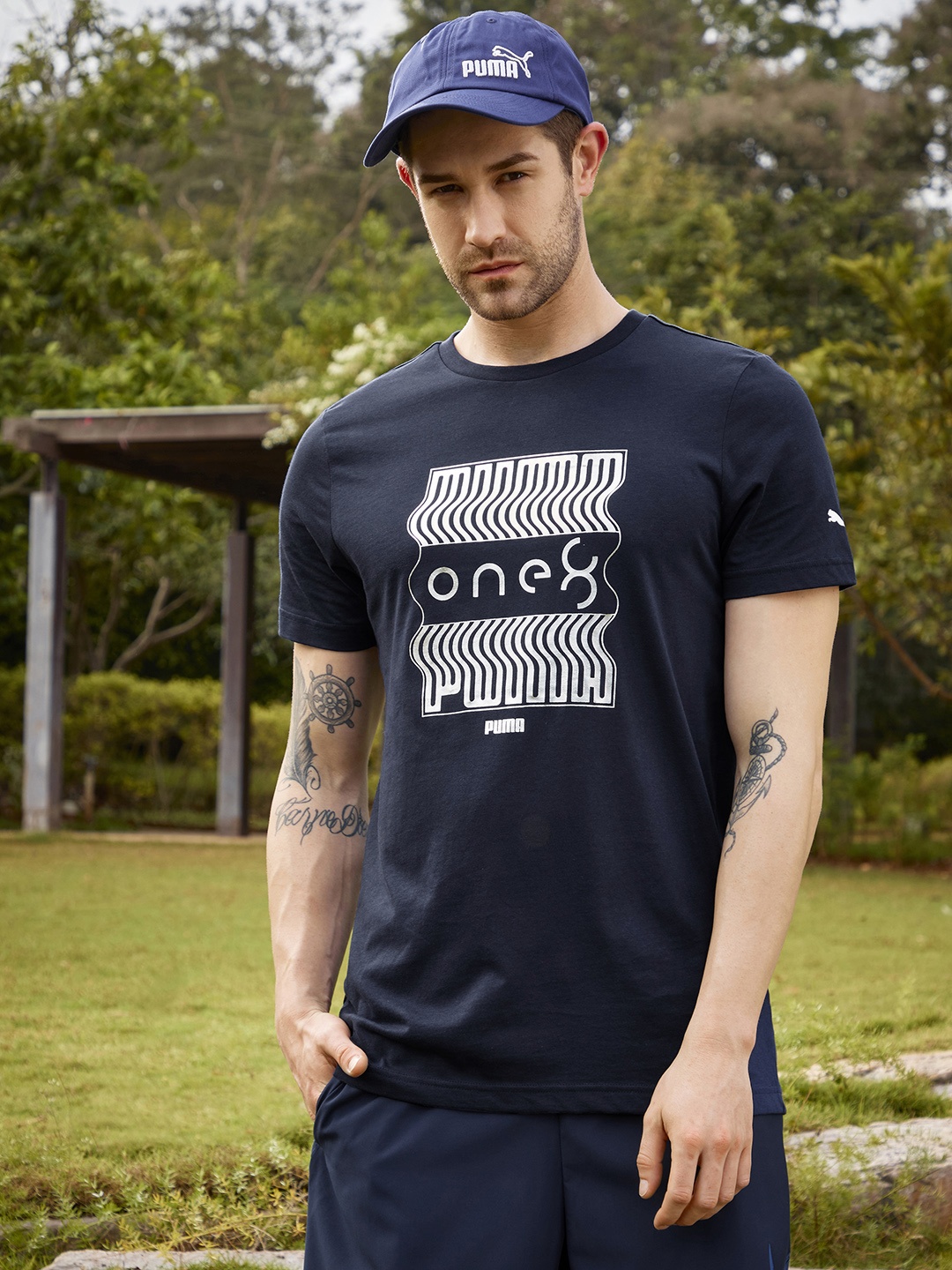 

one8 x PUMA Men Blue Printed Cotton VK Silver Foil Graphic T-shirt