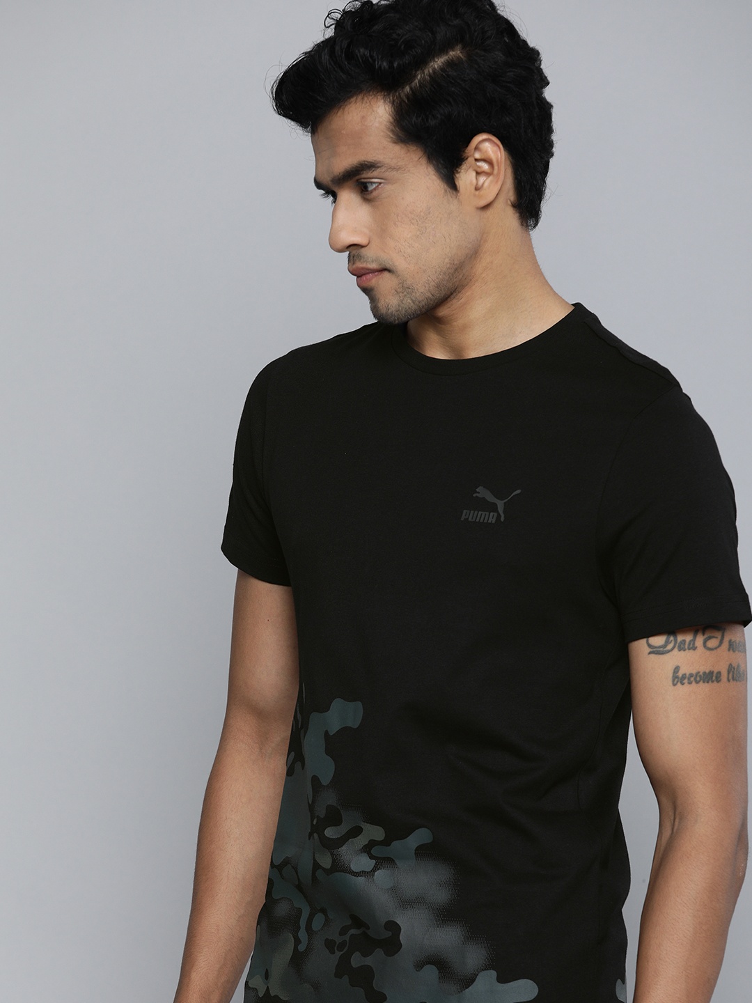 

Puma Men Black & Grey Printed Ever Fresh Round Neck Pure Cotton T-shirt