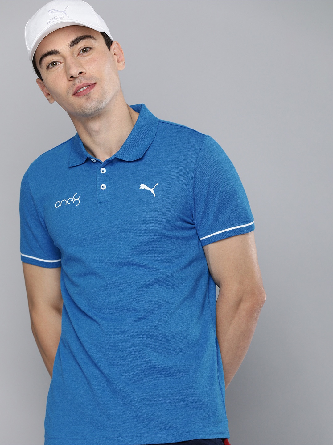 

one8 x PUMA Men Blue Brand Logo Printed Polo Collar Casual T-shirt