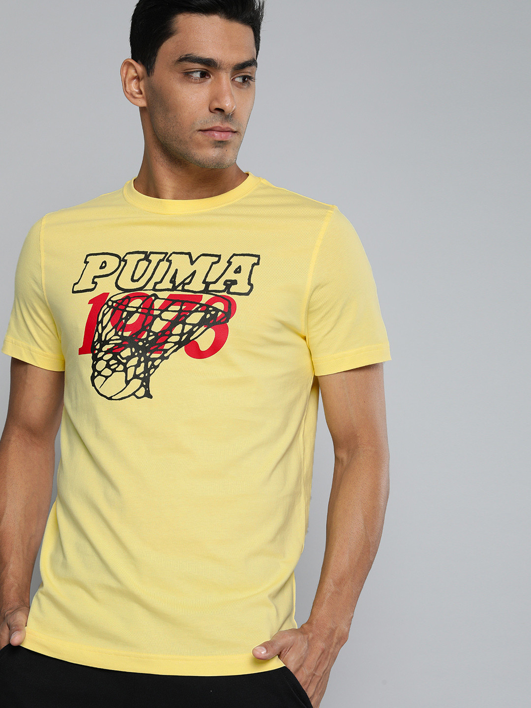 

PUMA Hoops Men Yellow Typography Printed Slim Fit Pure Cotton T-shirt