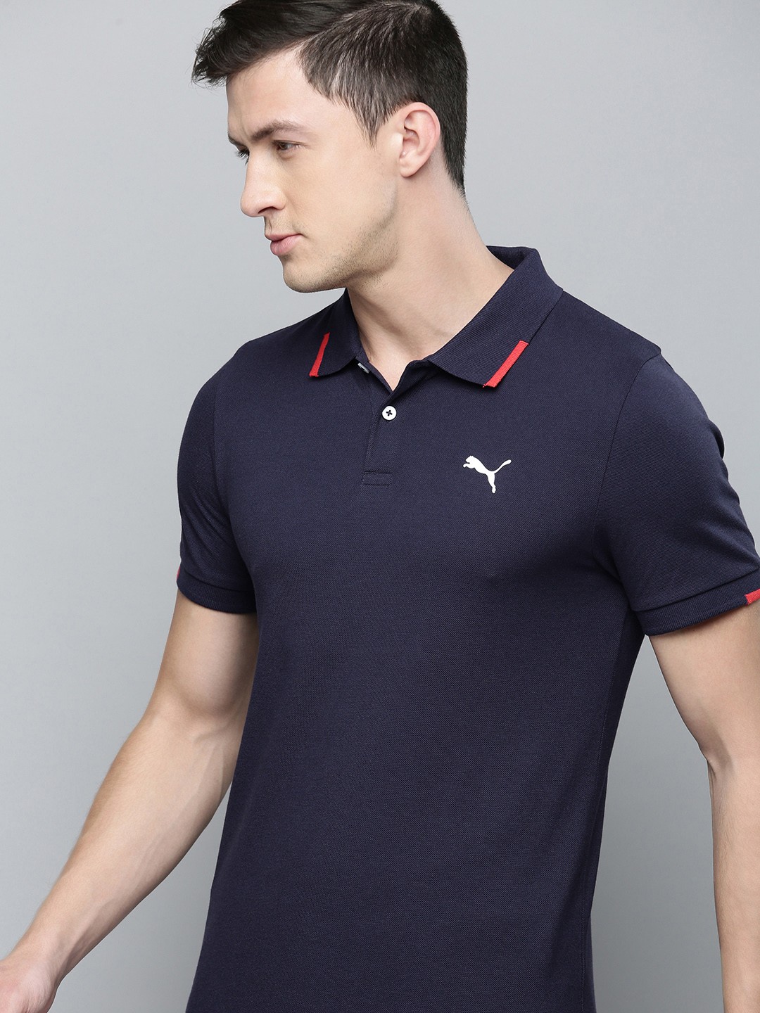 

one8 x PUMA Men Navy Blue Brand Logo Printed Polo Collar Casual T-shirt