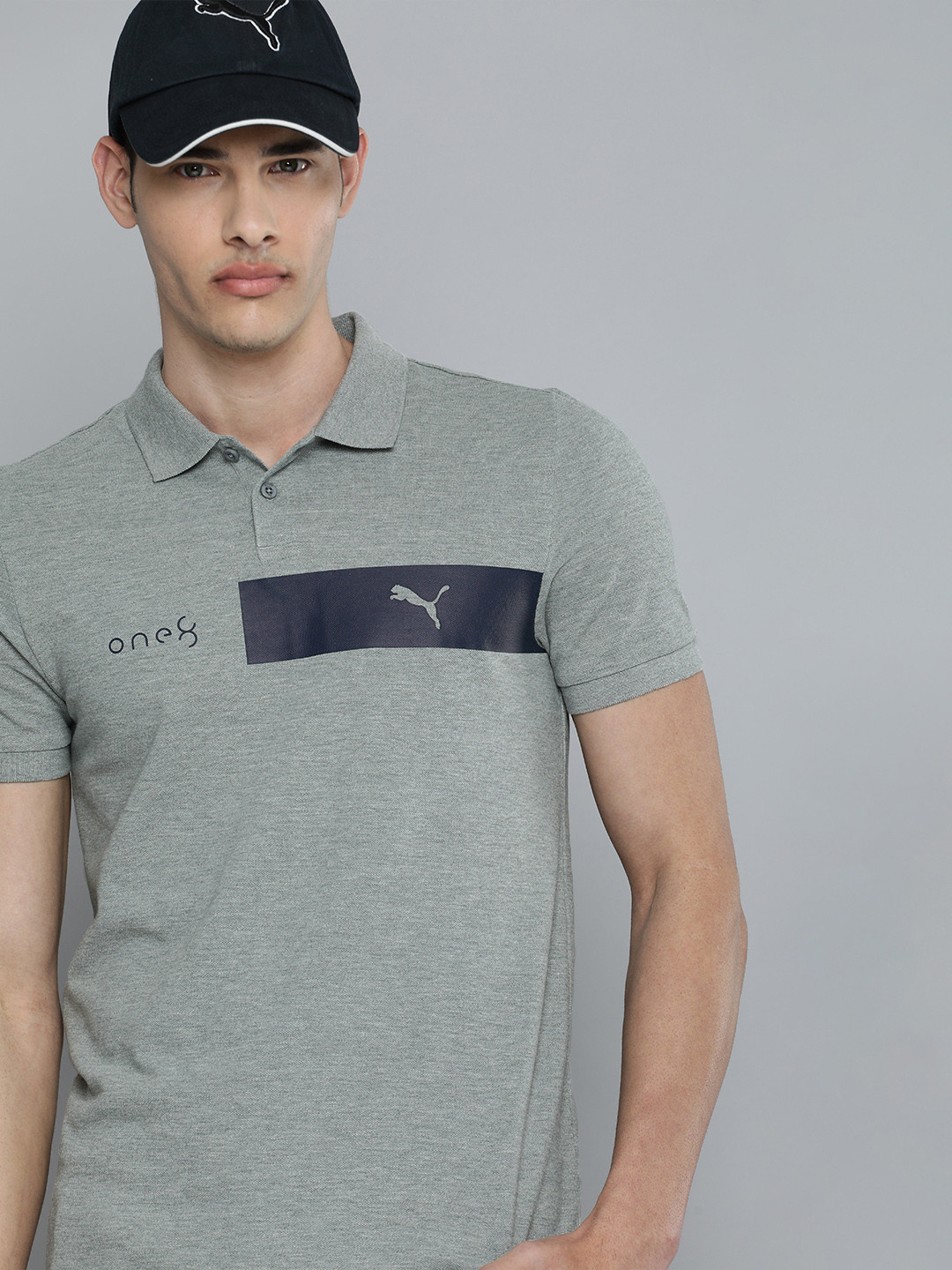 

one8 x PUMA Men Grey & Black Brand Logo Printed Polo Collar T-shirt