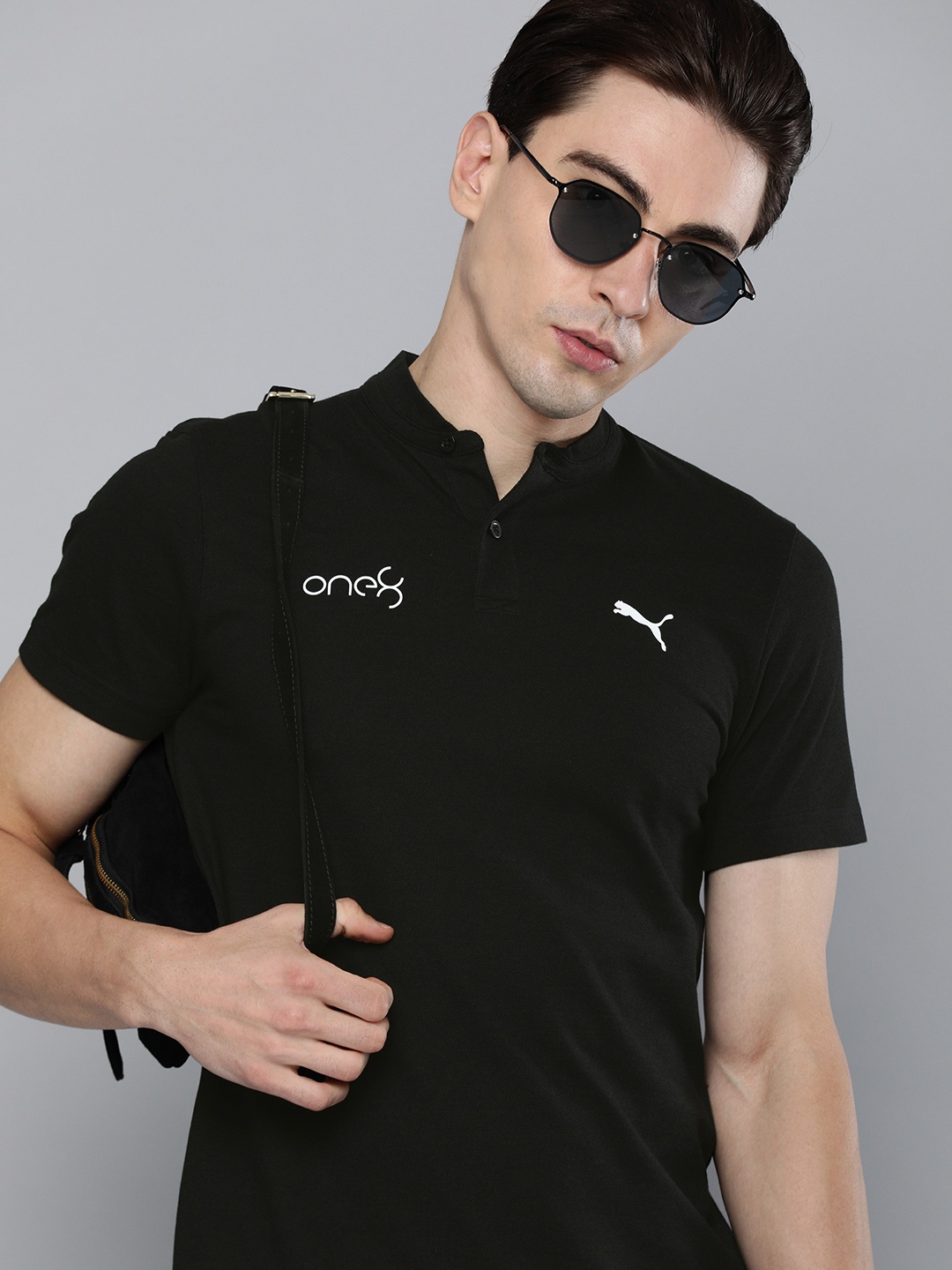 

one8 x PUMA Men Black Brand Logo Printed Henley Neck Casual T-shirt
