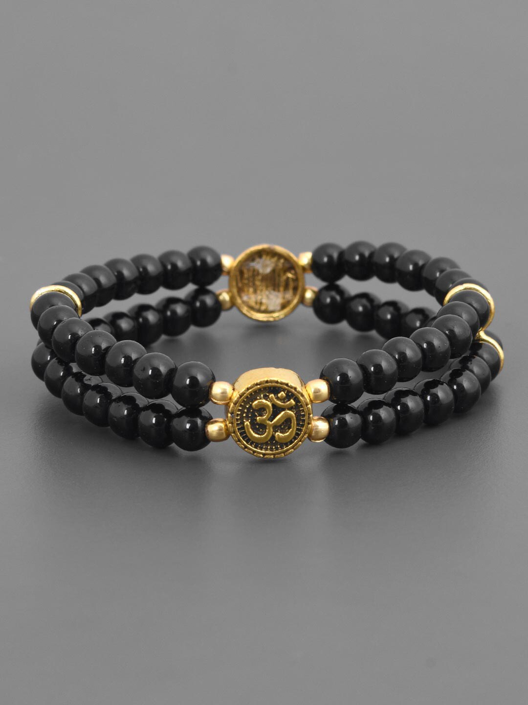 

Tistabene Men Black Artificial Stone & Gold-Toned Elasticated Bracelet