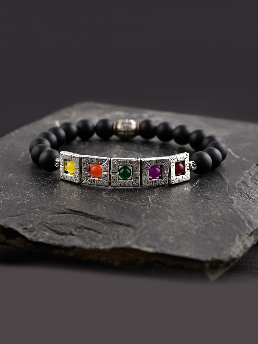 

Tistabene Men Silver-Toned & Black Alloy Rhodium-Plated Charm Bracelet