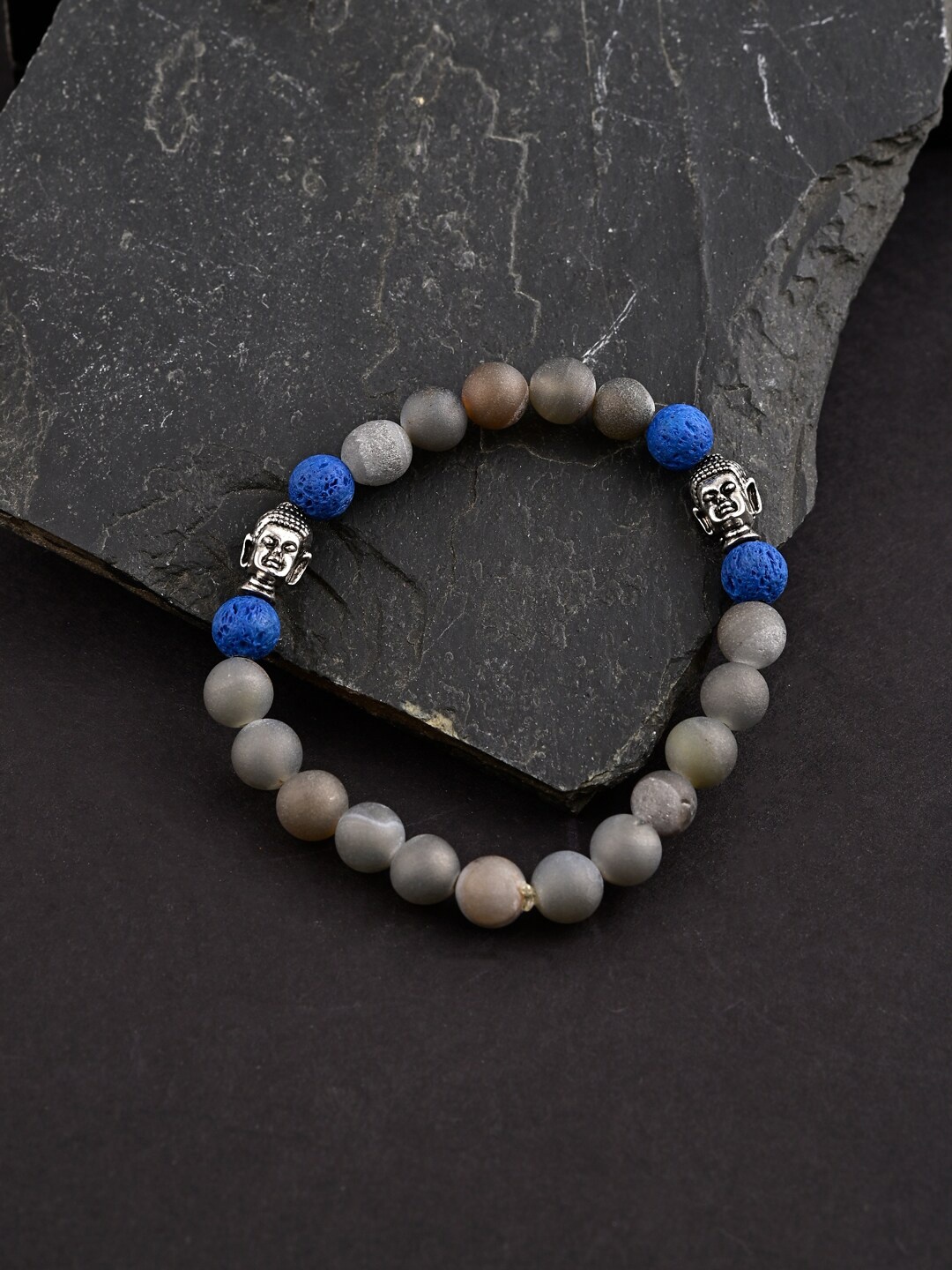 

Tistabene Men Grey & Blue Stones & Buddha Face Silver-Plated Elasticated Bracelet