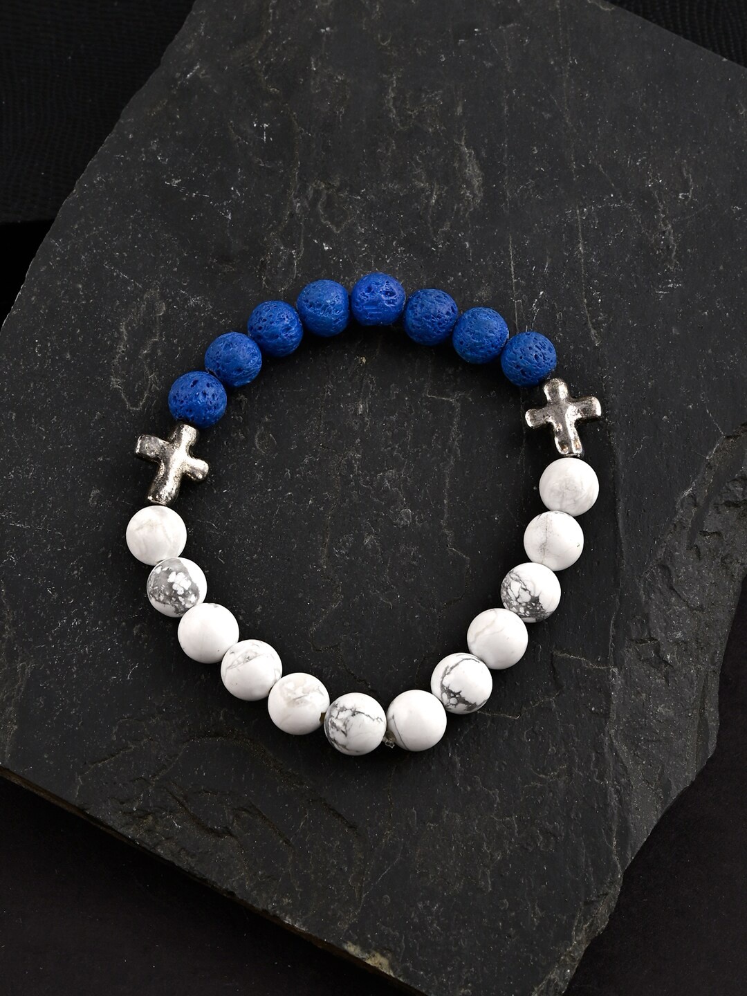 

Tistabene Men White & Blue Rhodium-Plated Elasticated Ethnic Bracelet