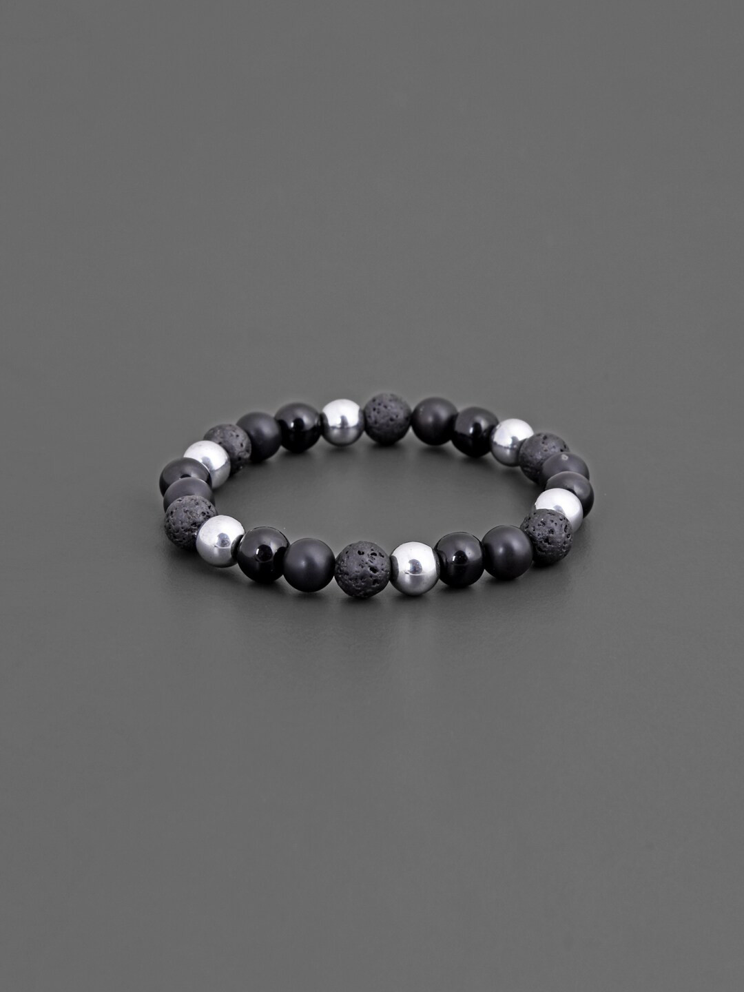 

Tistabene Men Black & Silver-Toned Rhodium-Plated Elasticated Metallic Bracelet