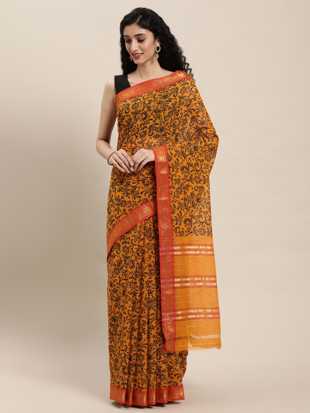

Pavechas Yellow Floral Zari Pure Cotton Venkatgiri Saree
