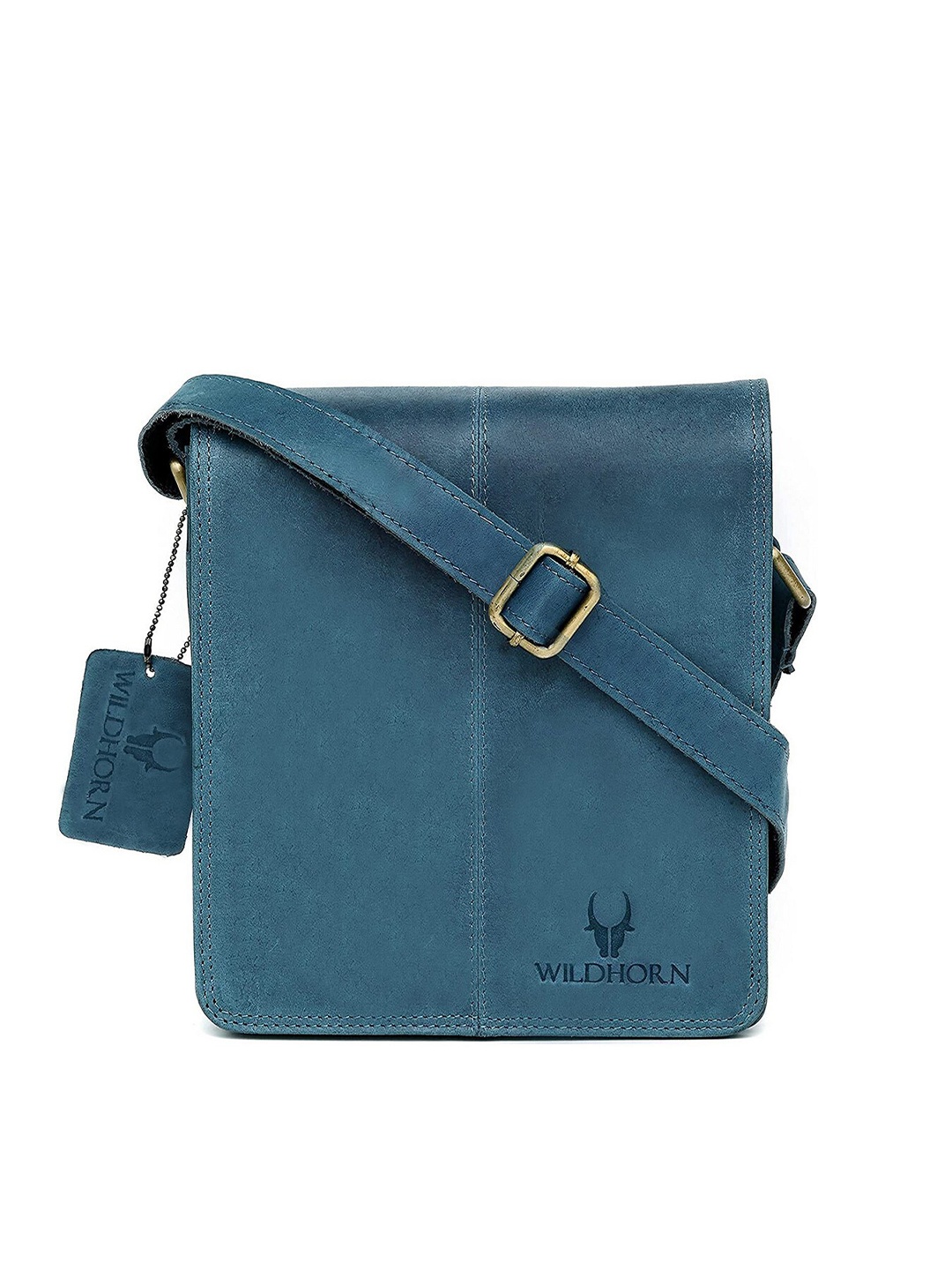 

WildHorn Men Blue Solid Genuine Leather Messenger Sling Bag