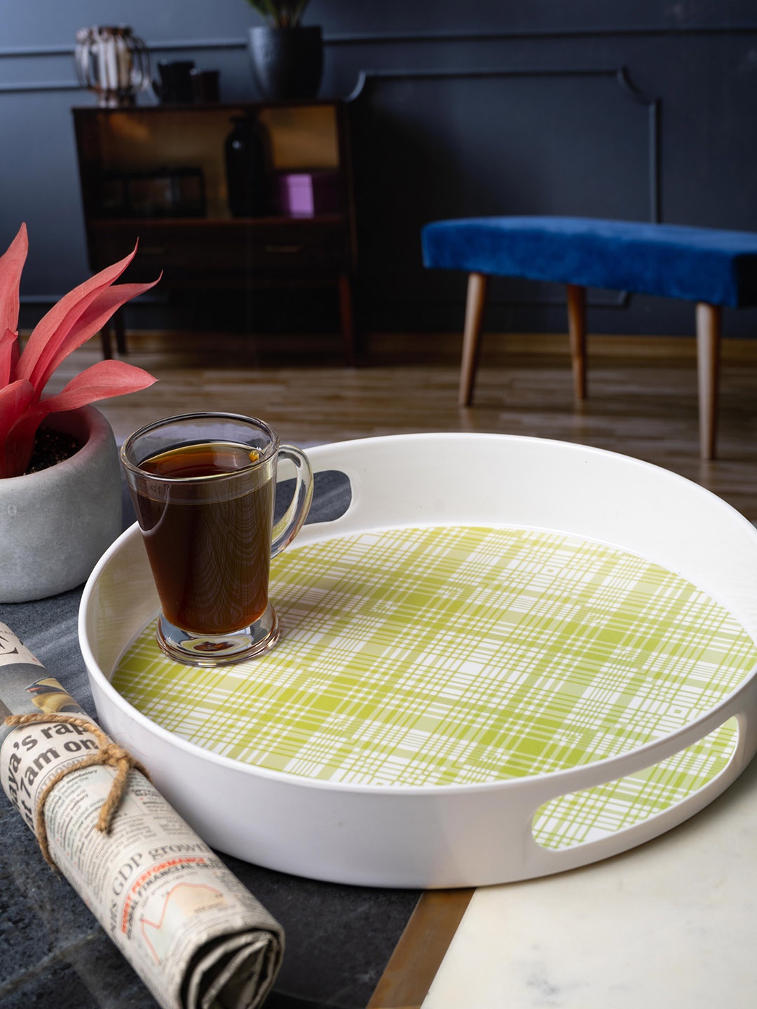 

GOODHOMES White & Green Melamine Round Serving Tray
