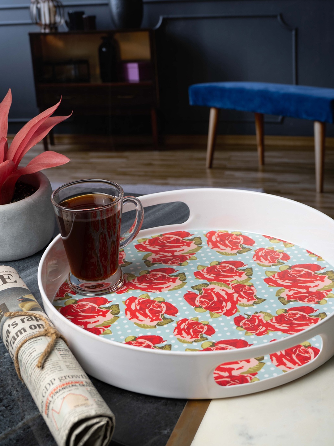 

GOODHOMES White & Red Floral Printed Melamine Serving Tray