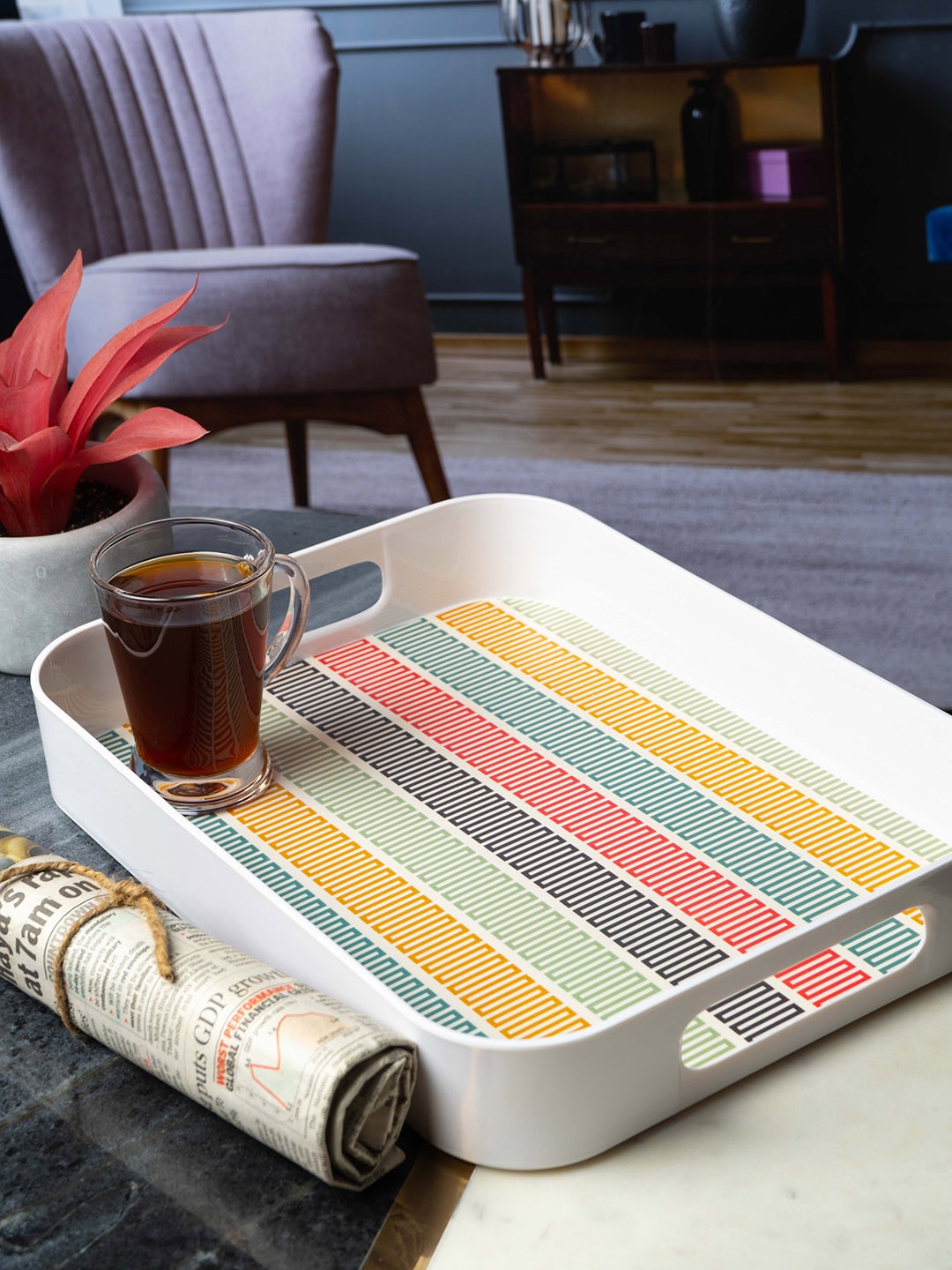 

GOODHOMES White & Orange Printed Melamine Square Serving Tray