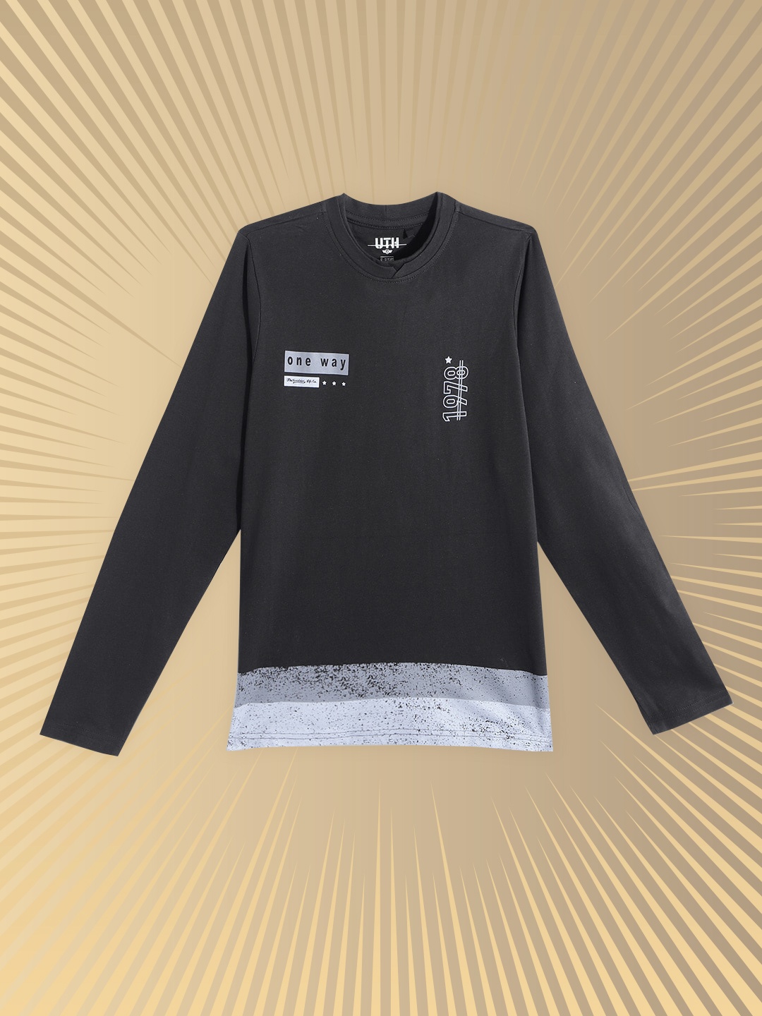 

UTH by Roadster Boys Black & Grey Pure Cotton T-shirt with Striped & Printed Detail
