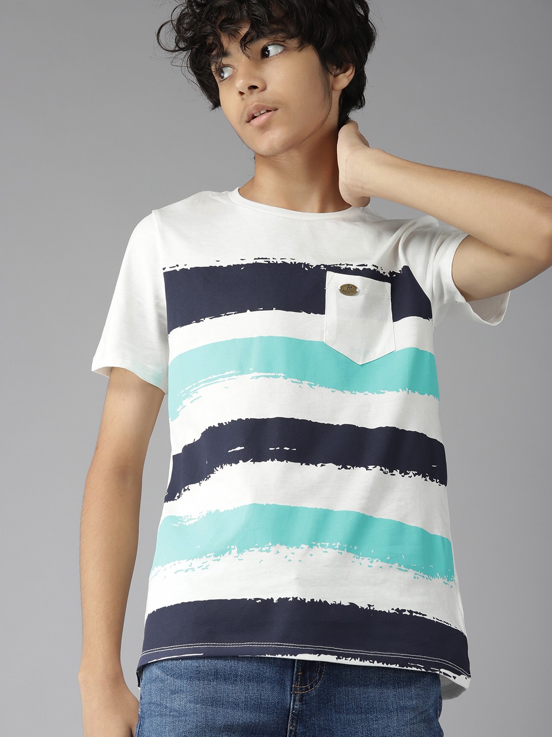

UTH by Roadster Boys White & Navy Blue Pure Cotton Striped T-shirt