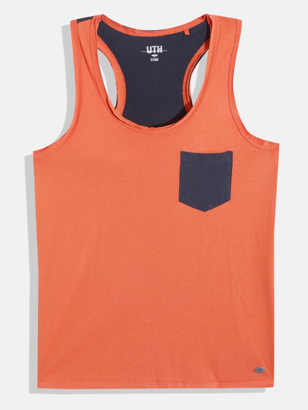 

UTH by Roadster Teen Boys Orange & Navy Blue Solid Cotton T-shirt with Contrast Pocket