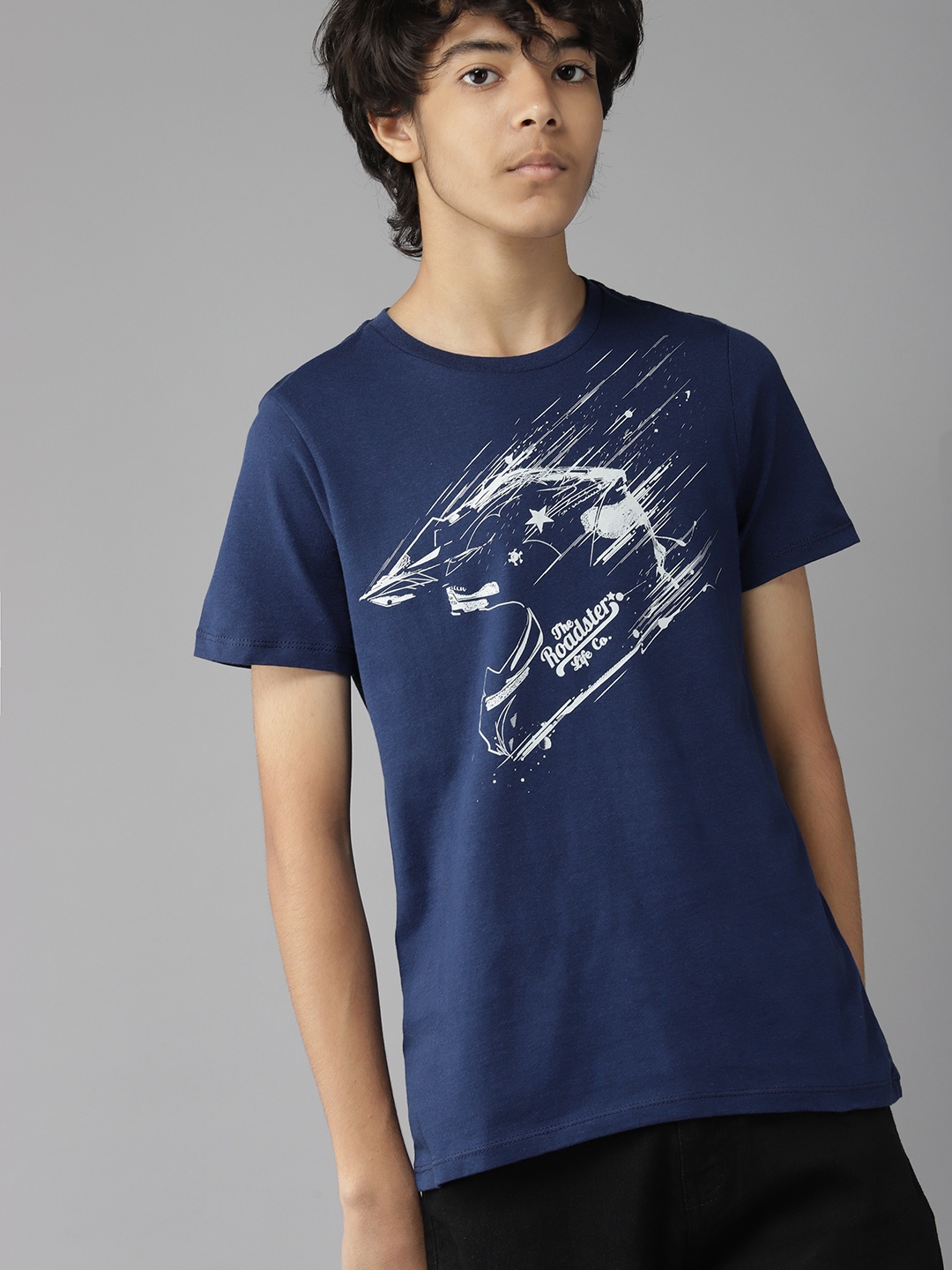 

UTH by Roadster Boys Navy Blue & White Pure Cotton Biker Print T-shirt