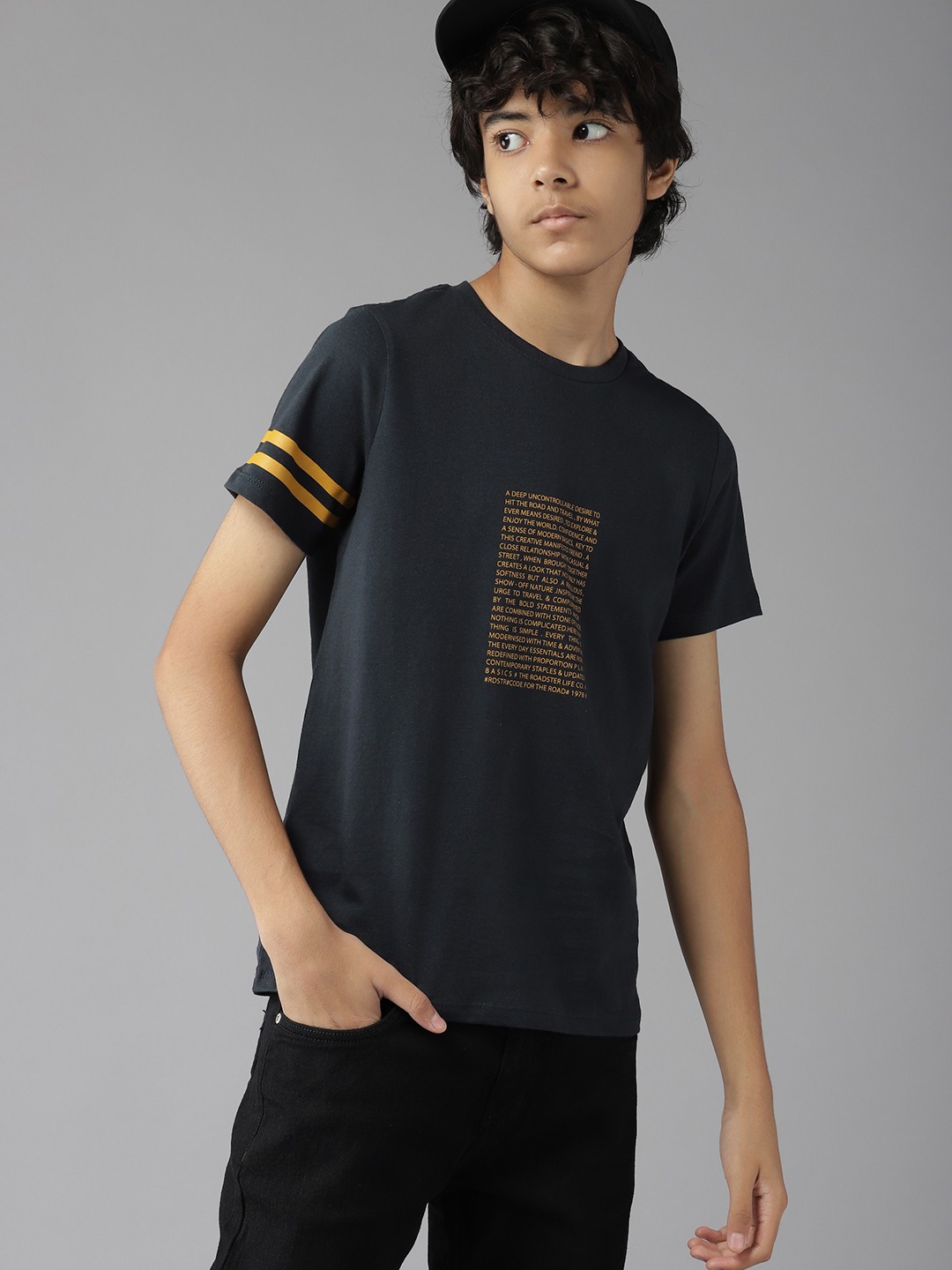

UTH by Roadster Boys Black & Mustard Yellow Pure Cotton Typography Printed T-shirt