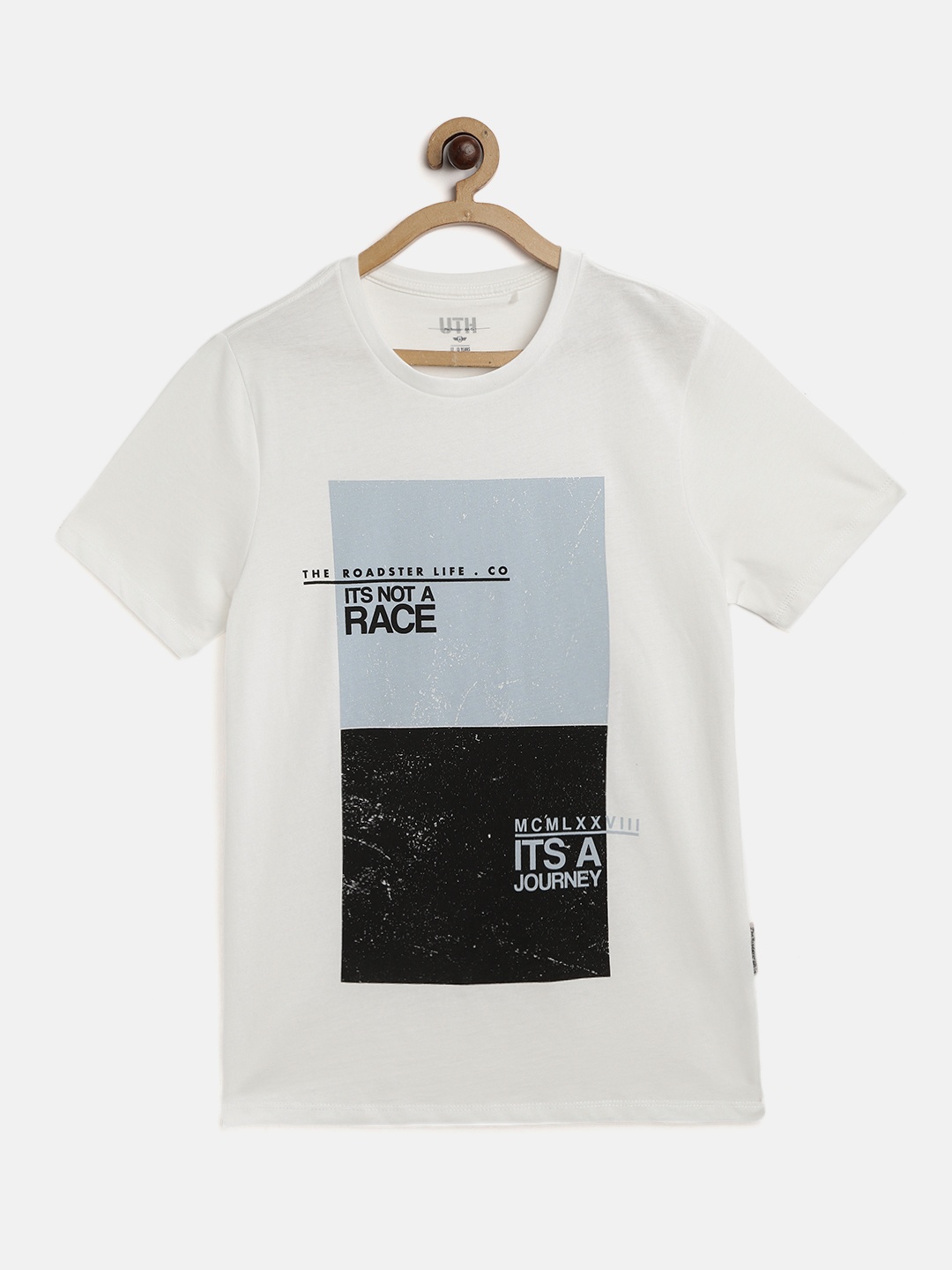 

UTH by Roadster Boys White & Blue Pure Cotton Typography Printed T-shirt