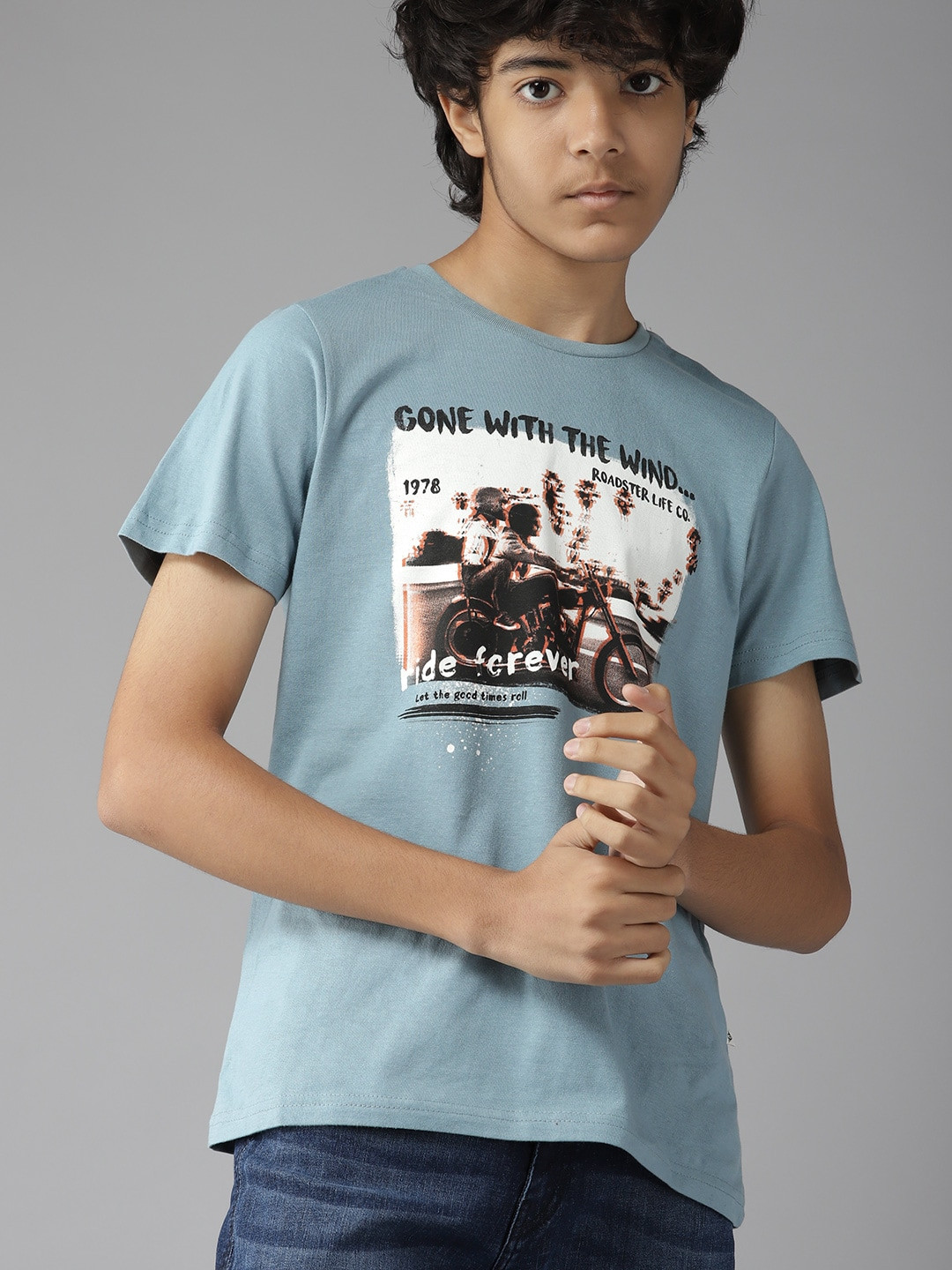 

UTH by Roadster Boys Blue & Coffee Brown Graphic Printed Cotton T-shirt