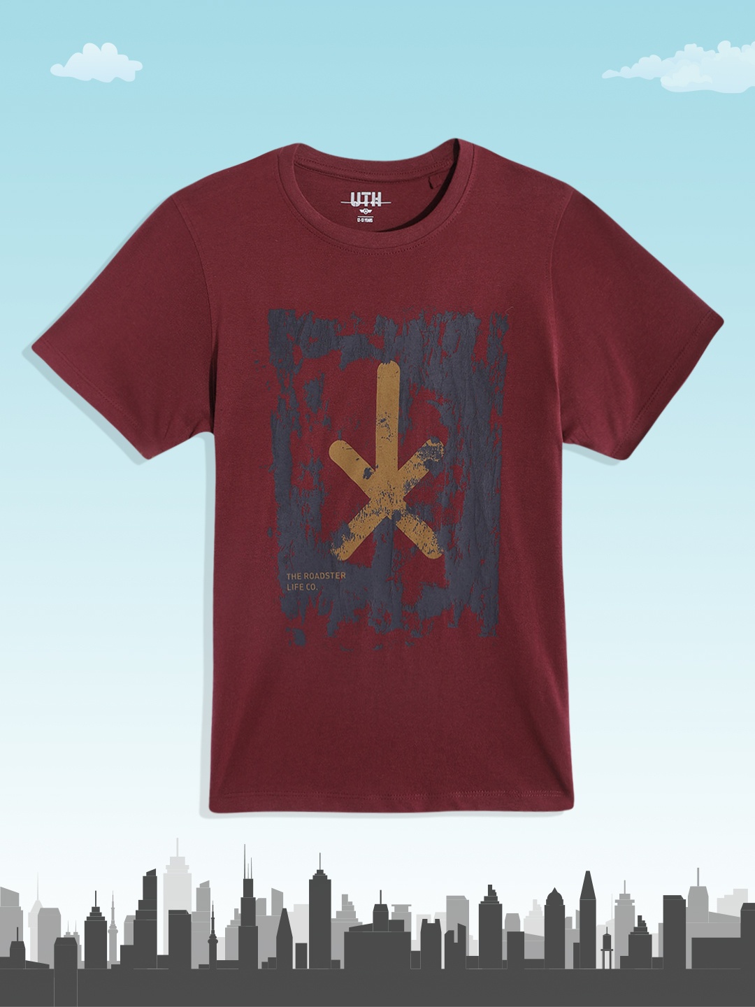 

UTH by Roadster Boys Maroon & Navy Blue Pure Cotton Graphic Printed T-shirt