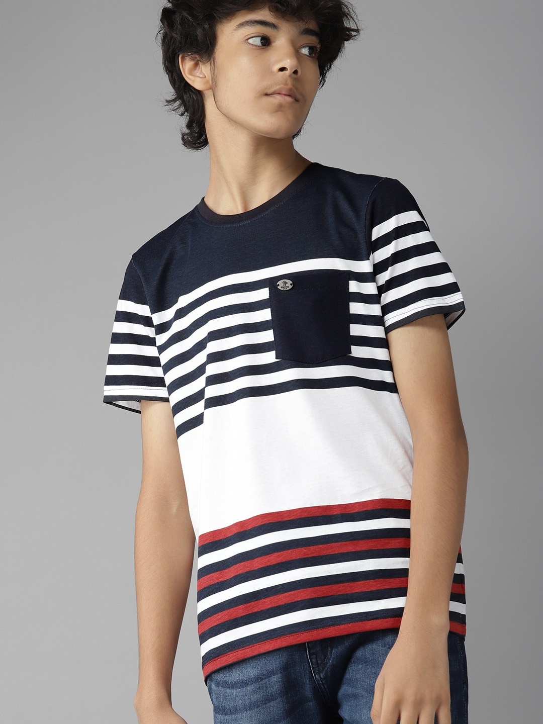 

UTH by Roadster Boys White & Navy Blue Striped Cotton T-shirt with Contrast Pocket