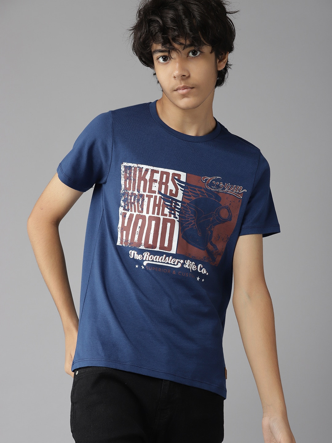 

UTH by Roadster Boys Navy Blue & White Pure Cotton Biker Print T-shirt