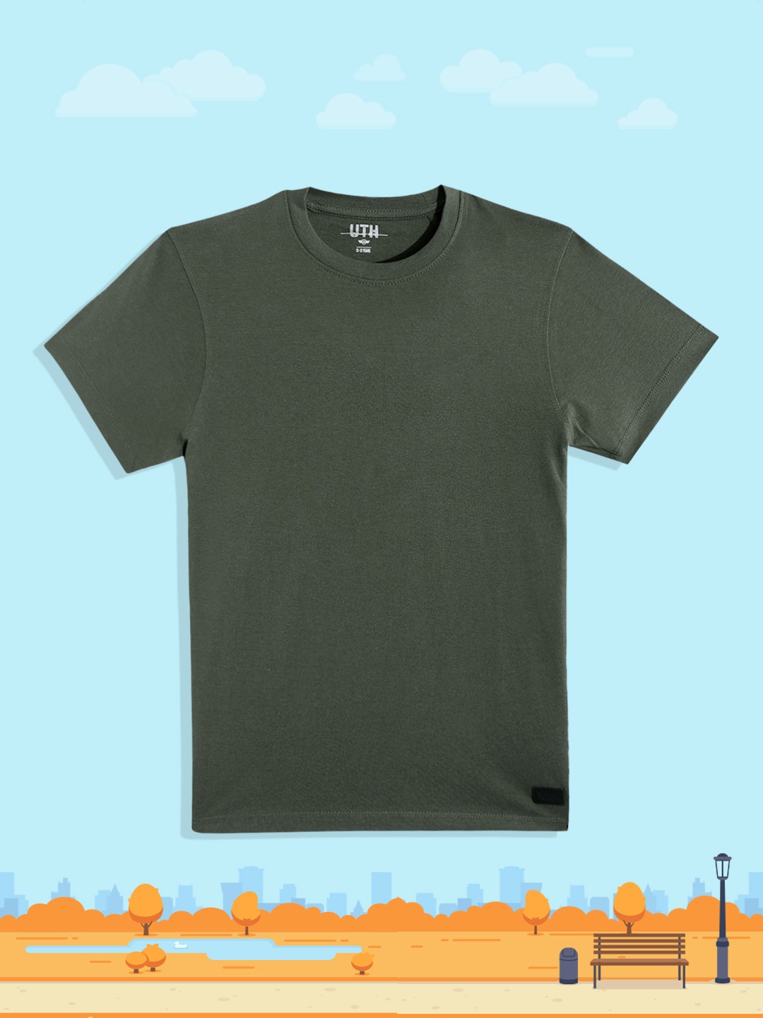 

UTH by Roadster Boys Olive Green Pure Cotton Solid T-shirt