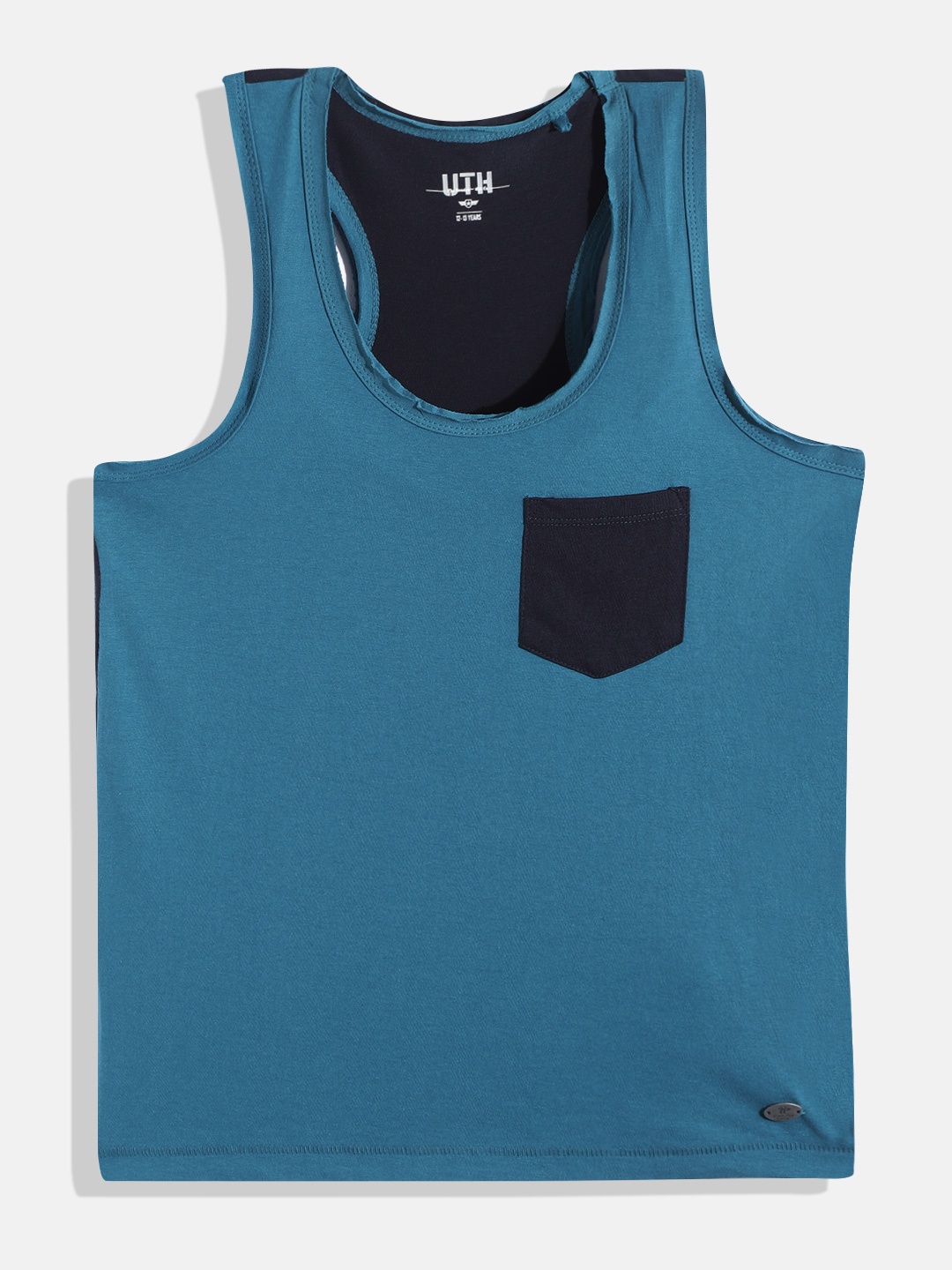 

UTH by Roadster Teen Boys Blue Colourblocked Pure Cotton Sleeveless T-shirt