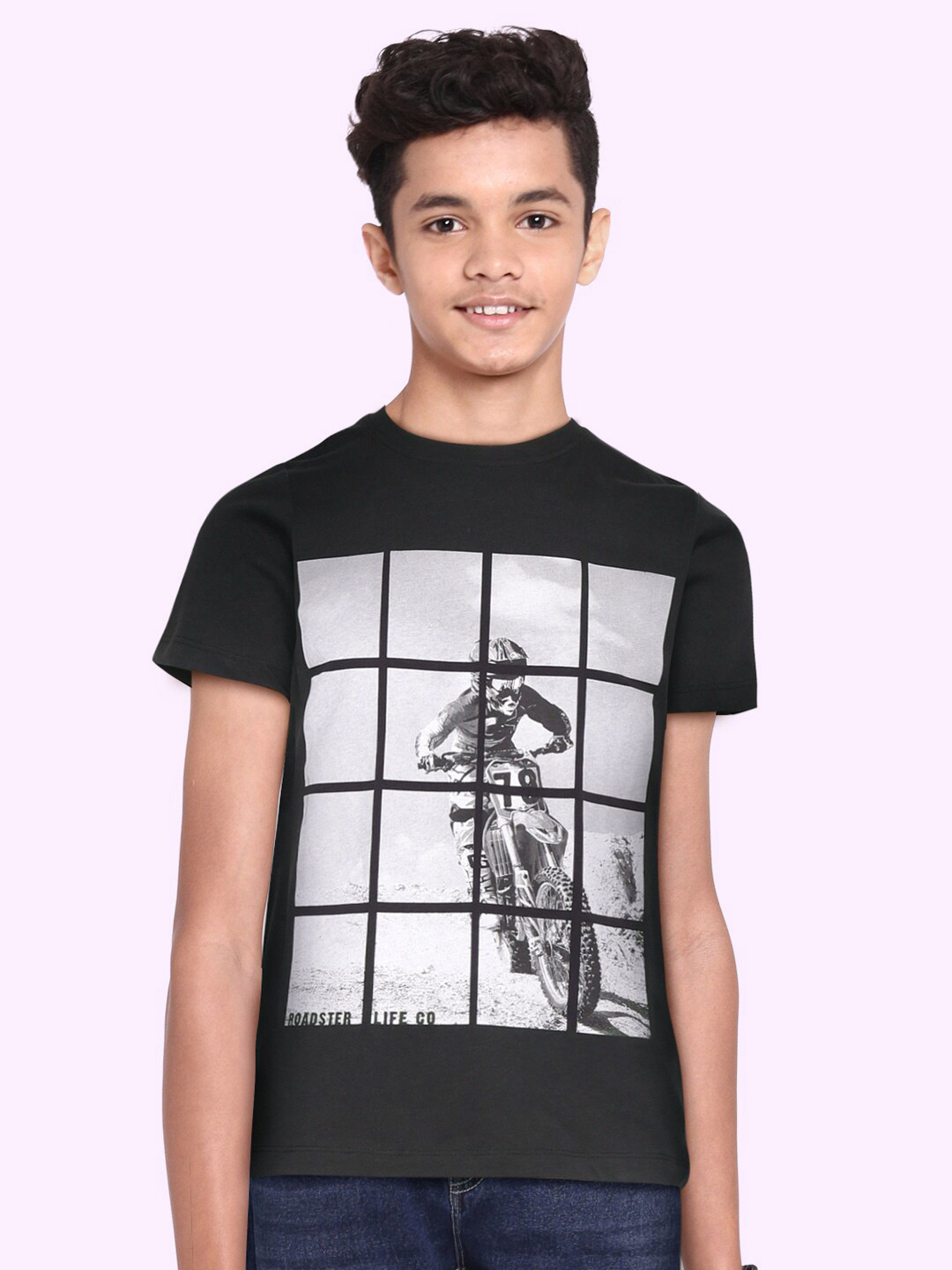 

UTH by Roadster Boys Black & Grey Biker Printed Pure Cotton T-shirt