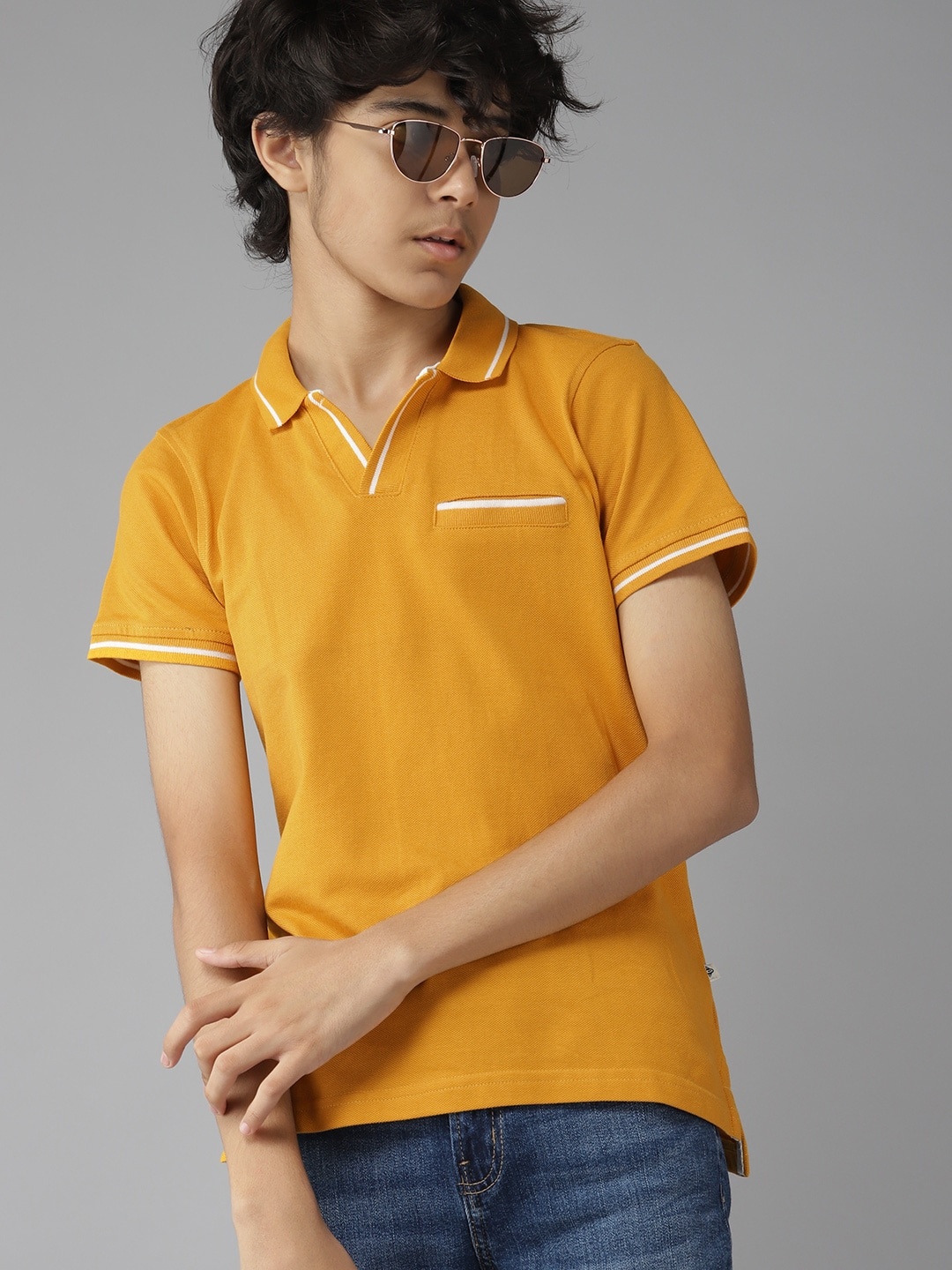 

UTH by Roadster Boys Mustard Yellow & White Solid Cotton Polo Collar T-shirt