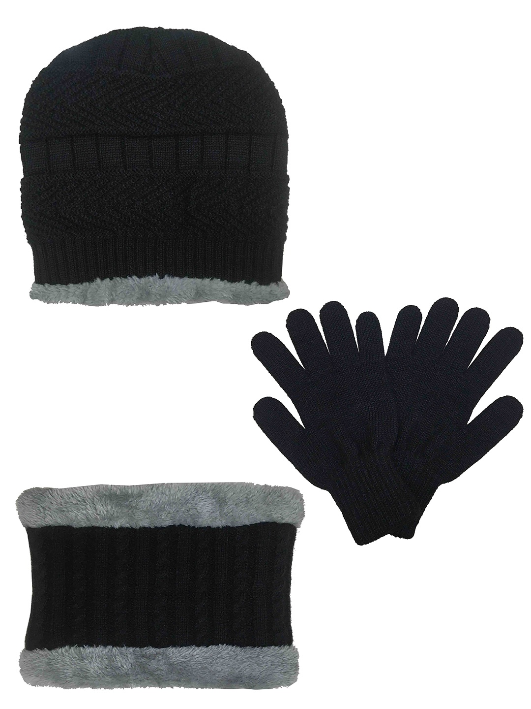 

Gajraj Unisex Knit Black & Grey Beanie With Neck Warmer Scarf & Hand Gloves Set