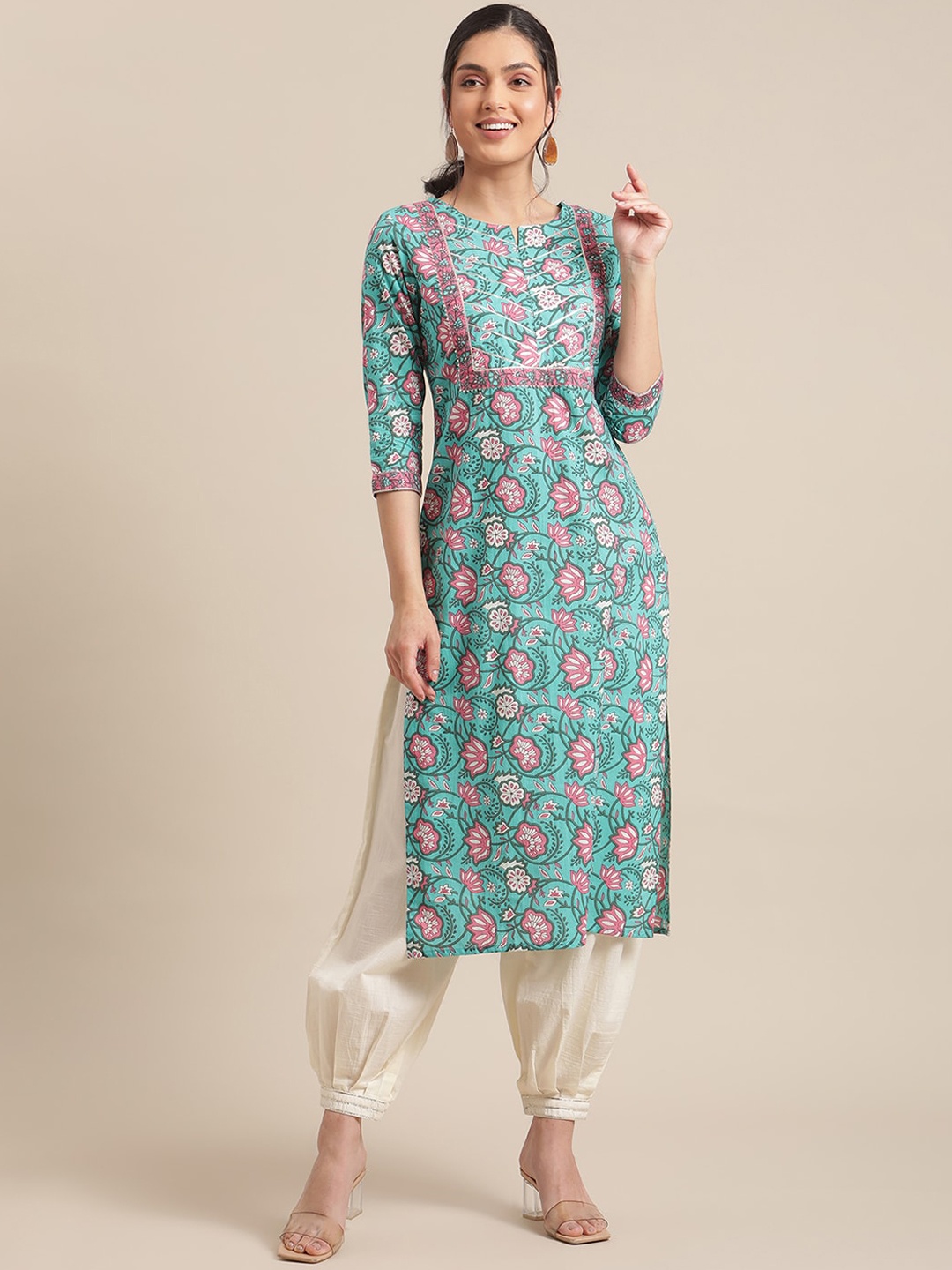

Varanga Women Blue & Pink Floral Printed Thread Work Kurta