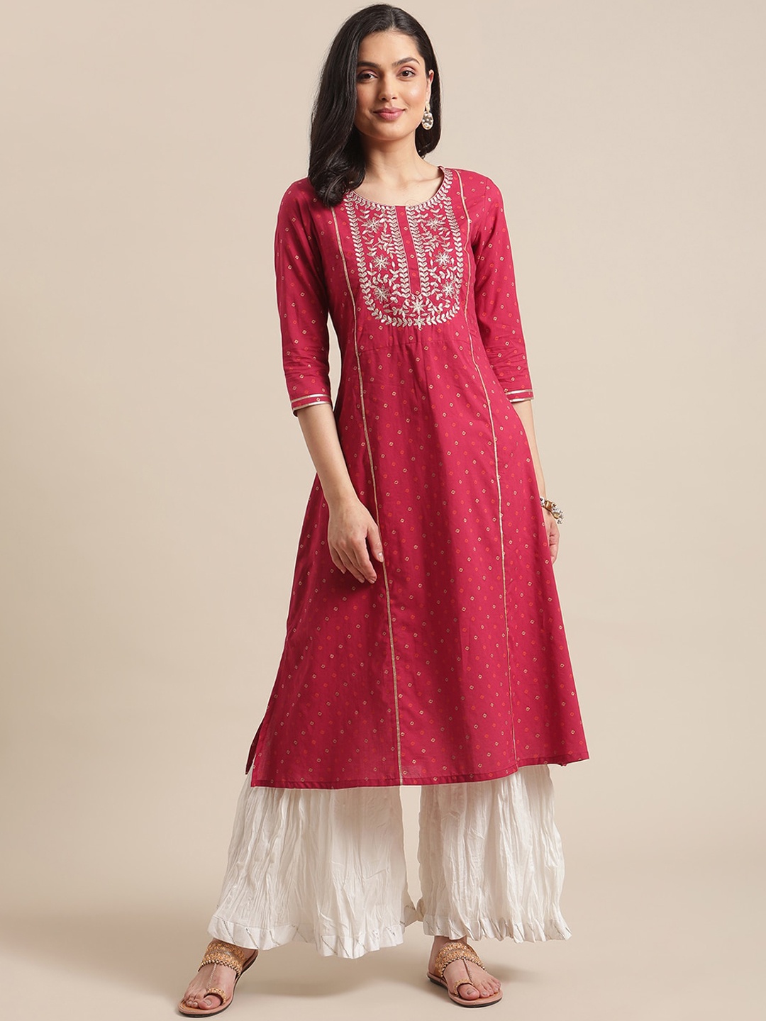 

Varanga Women Magenta Floral Panelled Thread Work Pure Cotton Kurta with Sharara