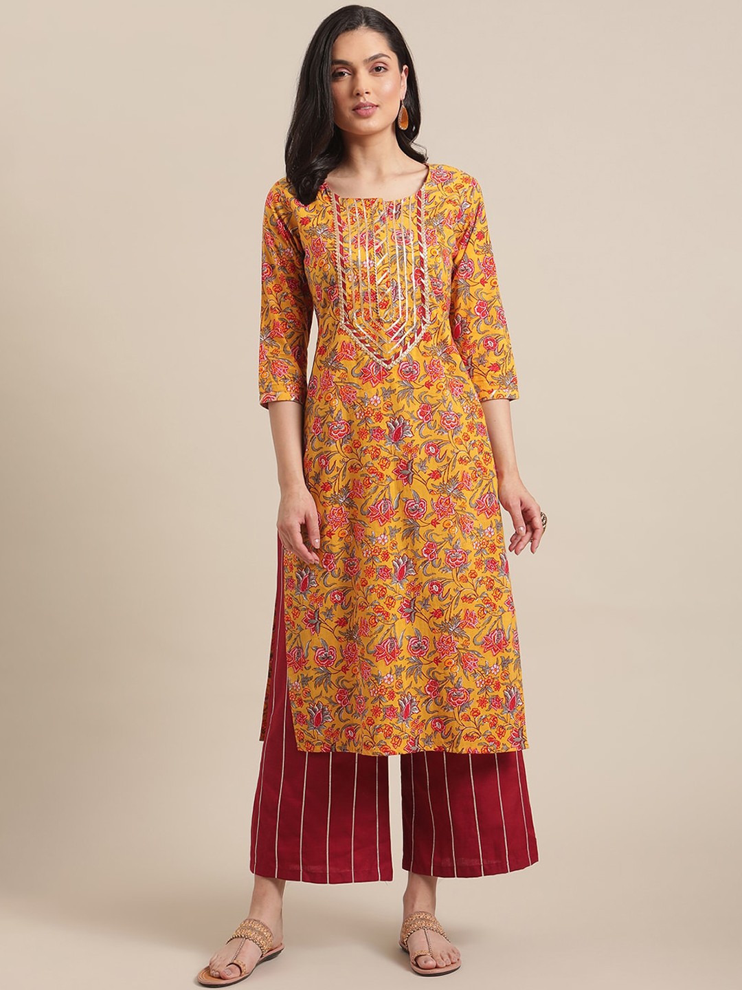 

Varanga Women Mustard Yellow & Pink Floral Printed Kurta