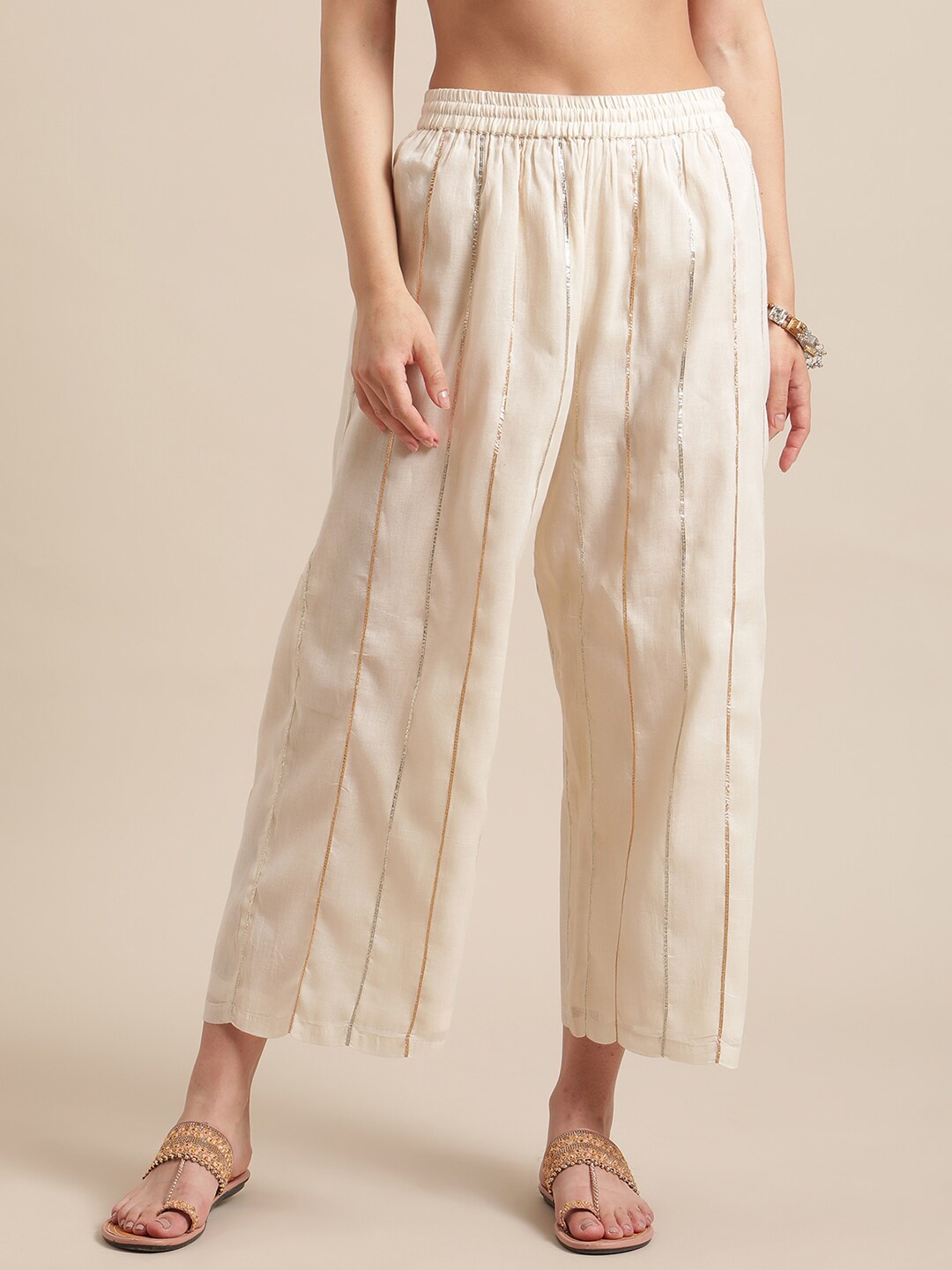 

Varanga Women Off White & Silver-Toned Striped Palazzos