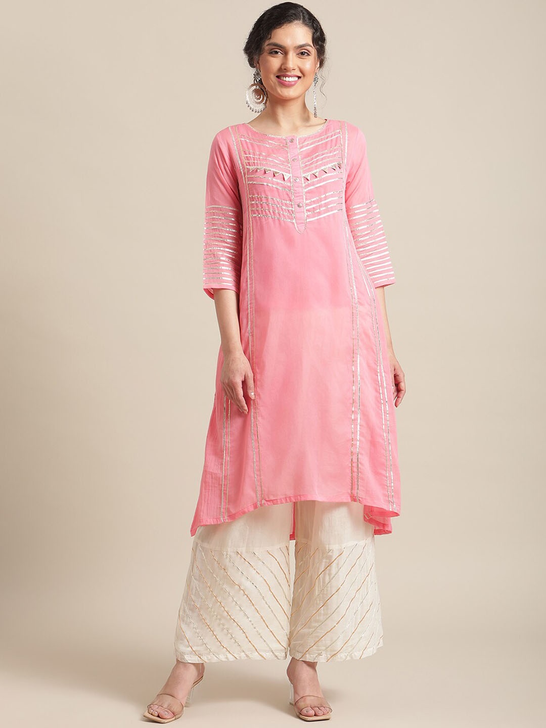 

Varanga Women Peach-Coloured Regular Gotta Patti Pure Cotton Kurta with Palazzos