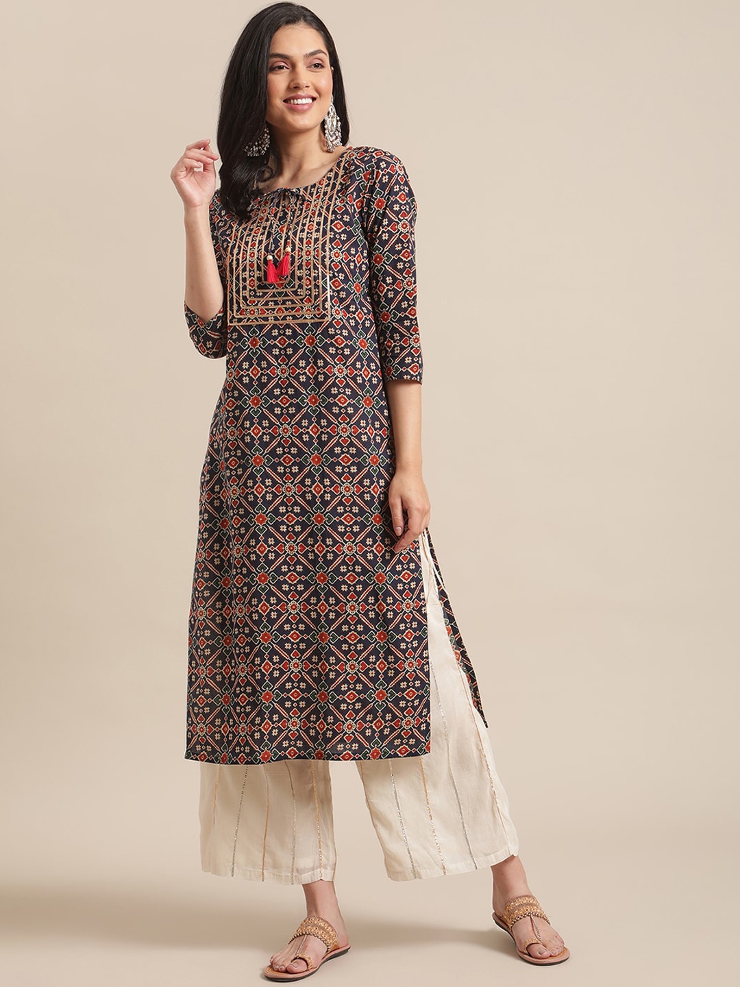 

Varanga Women Navy Blue & Beige Ethnic Motifs Printed Keyhole Neck Gotta Patti Kurta