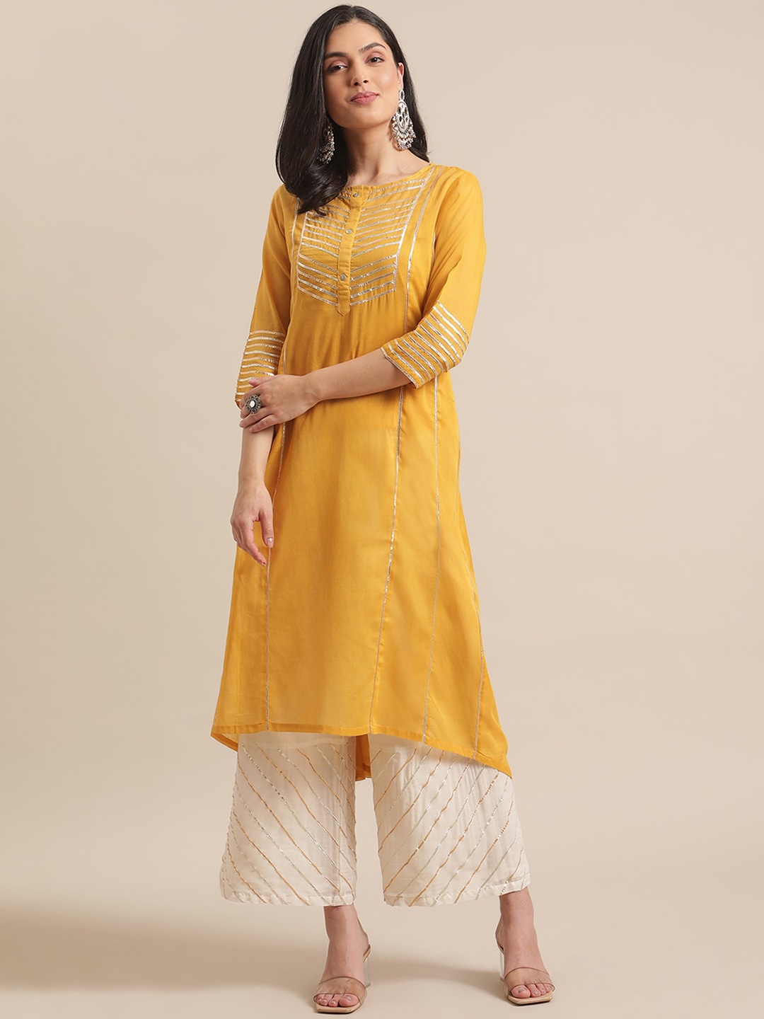 

Varanga Women Mustard Yellow Panelled Gotta Patti Pure Cotton Kurta with Trousers