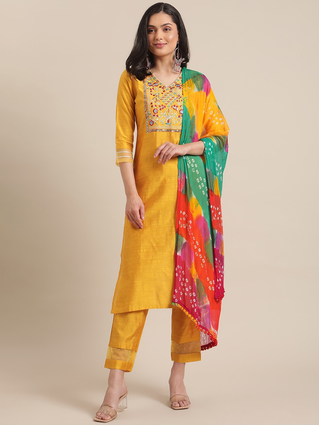 

Varanga Women Mustard Yellow Floral Embroidered Empire Thread Work Kurta with Trousers & With Dupatta